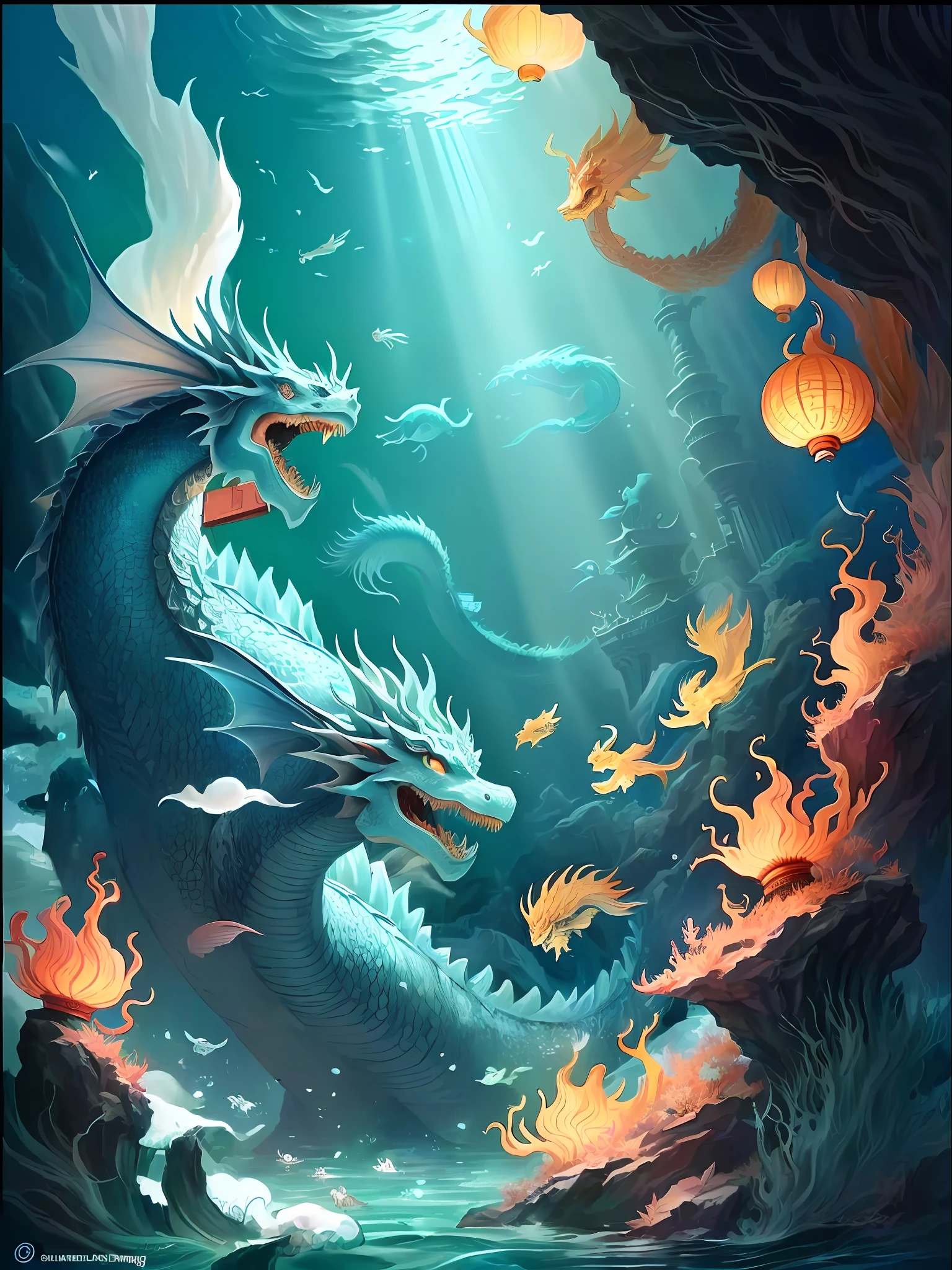 illustration of a dragon and a fish in the water, chinese surrealism, chinese fantasy, chinese mythology, undersea temple with fish, jellyfish phoenix dragon, dreamland of chinese, chinese dragon concept art, queen of the sea mu yanling, inspired by Jeremy Chong, lung dragon, akira from chinese mythology, undersea temple, a beautiful artwork illustration