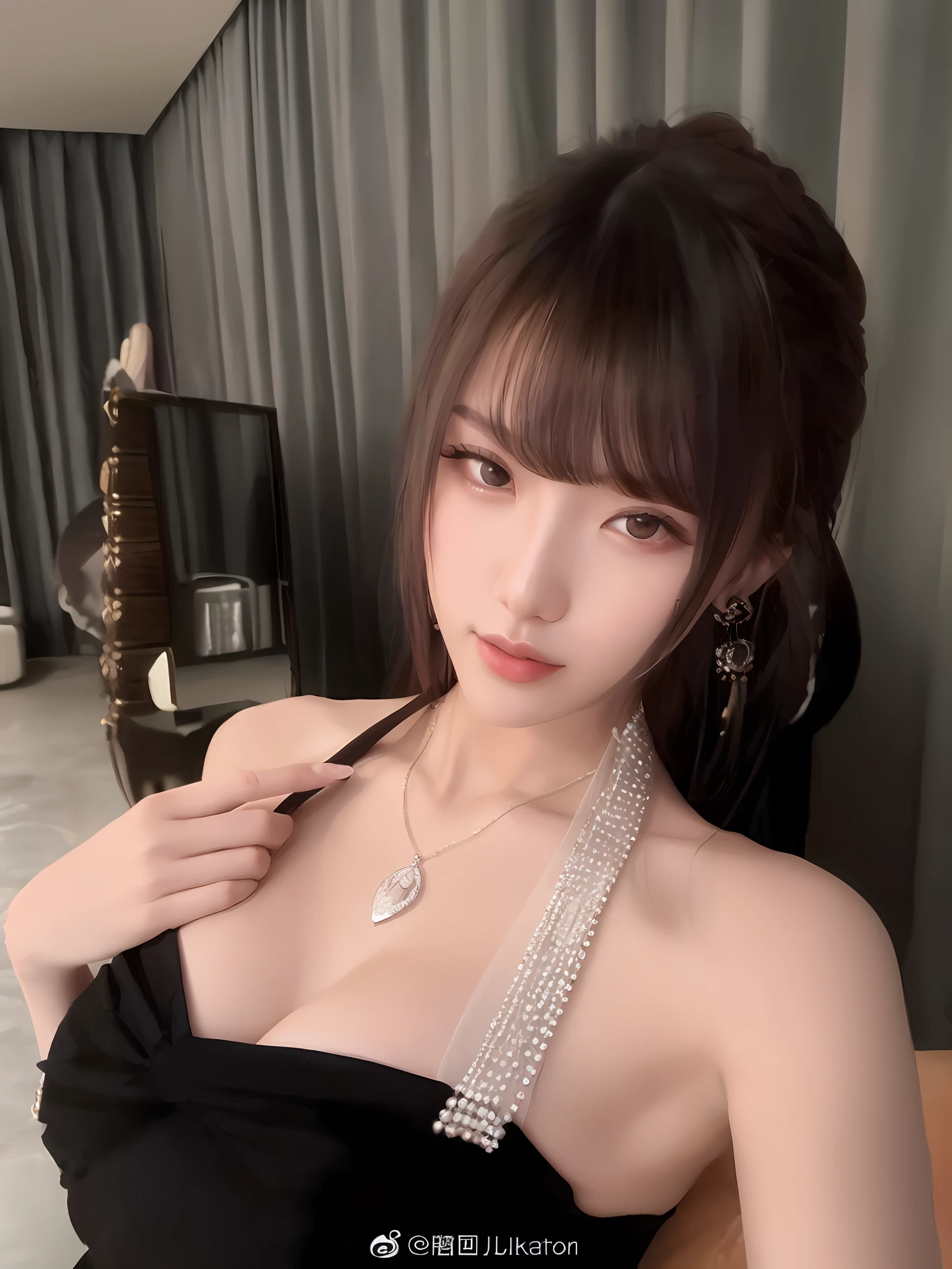 Araki woman in black dress with necklace and earrings, Dillabadir Murat, gorgeous young korean woman, Sakimikan, Shaxi, photo of slim girl model, popular in CGSTATION, 2 8 years old, Chen Xintong, big breasts, off-the-shoulder, pendant, high nose
