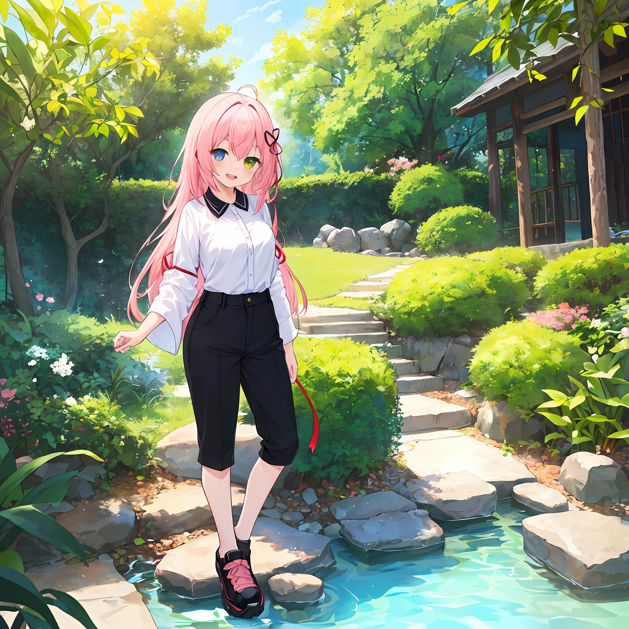(Masterpiece, Super Detail, Top Quality, 32k, High Resolution, Kyoto Animation Style Anime Illustration, Top Quality Official Art Features: 1.6), (Heterochromia, Blue and Green Eyes: 1.8), (Chibi: 1.8), (Caregiver, One Cute Girl, Solo, Standing, Watch Viewer, Full Body, Predecessor, Cute Open Mouth, Makeup, Cute, Happy Smile: 1.3), (Lori : 1.2), (cute: 1.5), (Clothing: black long undershirt, 3 button simple design red polo shirt, black pants), (Footwear: sneakers), (Pale pink hair, twin blades, long hair, hair ribbon, cute ribbon: 1.1), thin eyebrows, big breasts, standing, full body