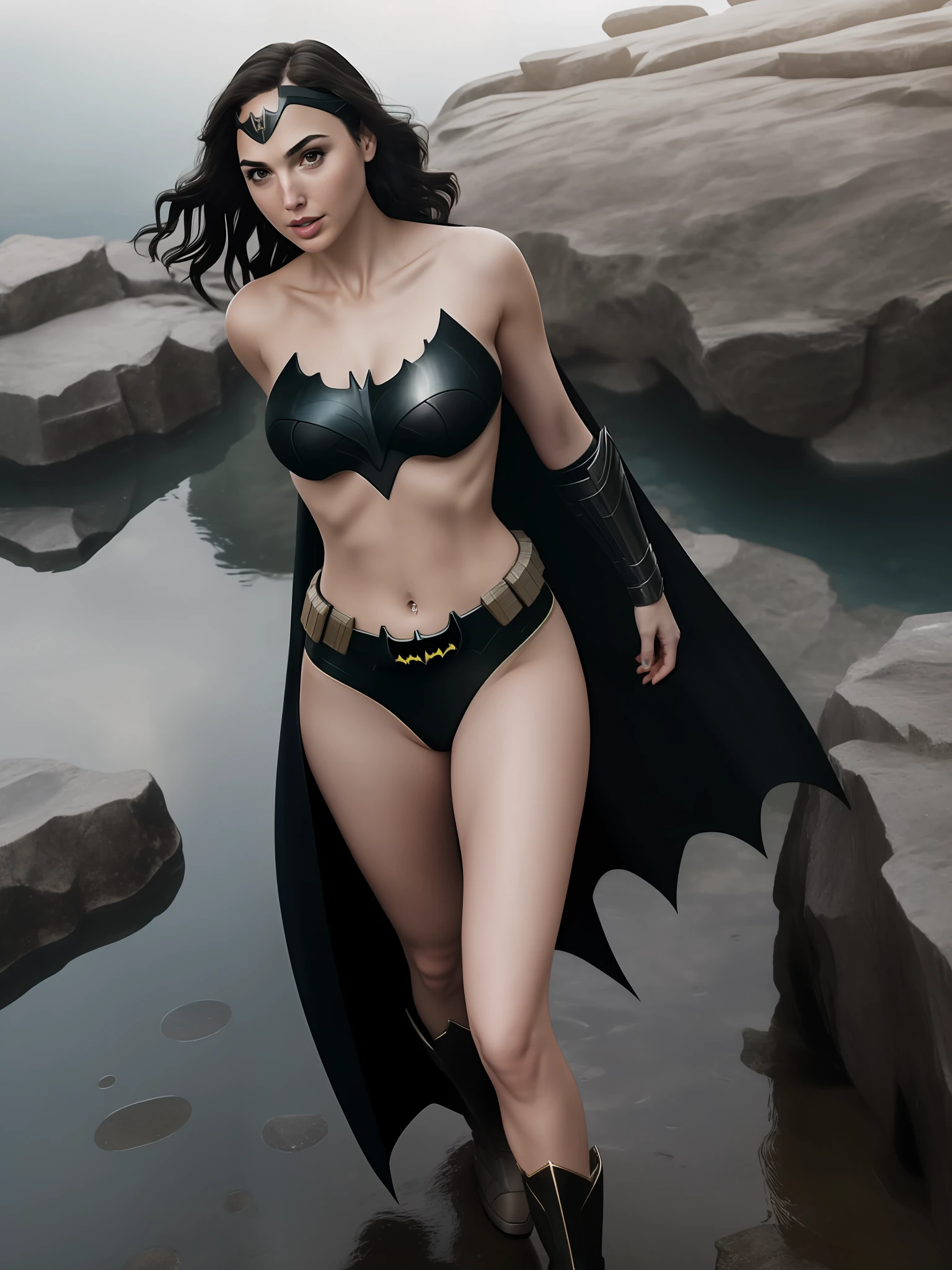 photo of gal gadot, highres, masterpiece, 1girl, solo, best quality, realistic,
outdoors, looking at viewer, perspective shot,
((Batman cosplay)), navel, (blonde hair), smirk, aroused,
(big round boobs)(cleavage)(sexy figure)(woman)
4K, HDR. by (James C. Christensen:1.2|Jeremy Lipking:1.1).