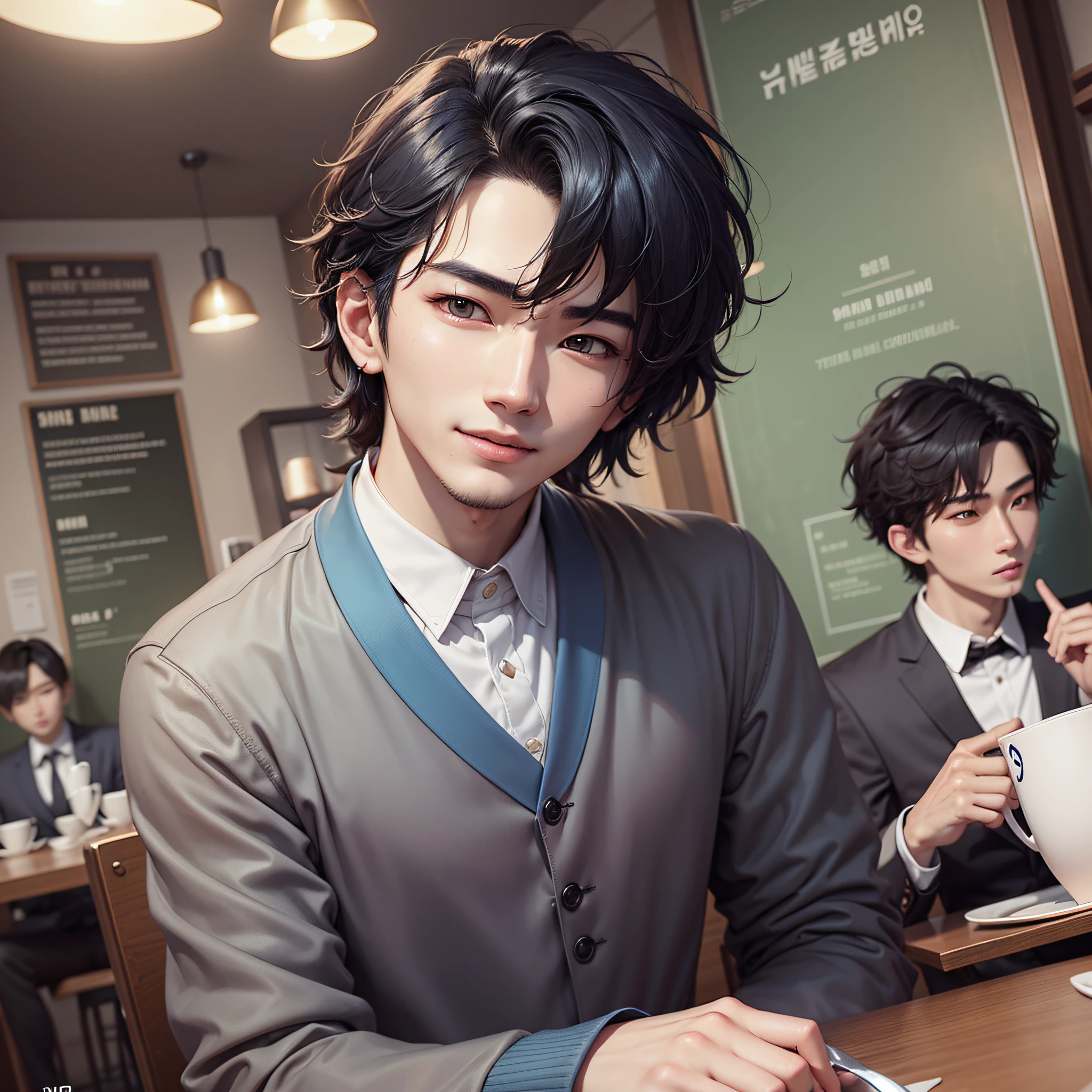 they are in a café with a menu and cups, alessio albi and shin jeongho, cai xukun by Jang Seung-eop, jin shan and ross tran, gunwoo kim and j.dickenson by jeonseok lee, gay, by Ni Yuanlu, yaoi, inspired by jeonseok lee, smiling and romantic, for modern yaoi style book cover --auto --s2