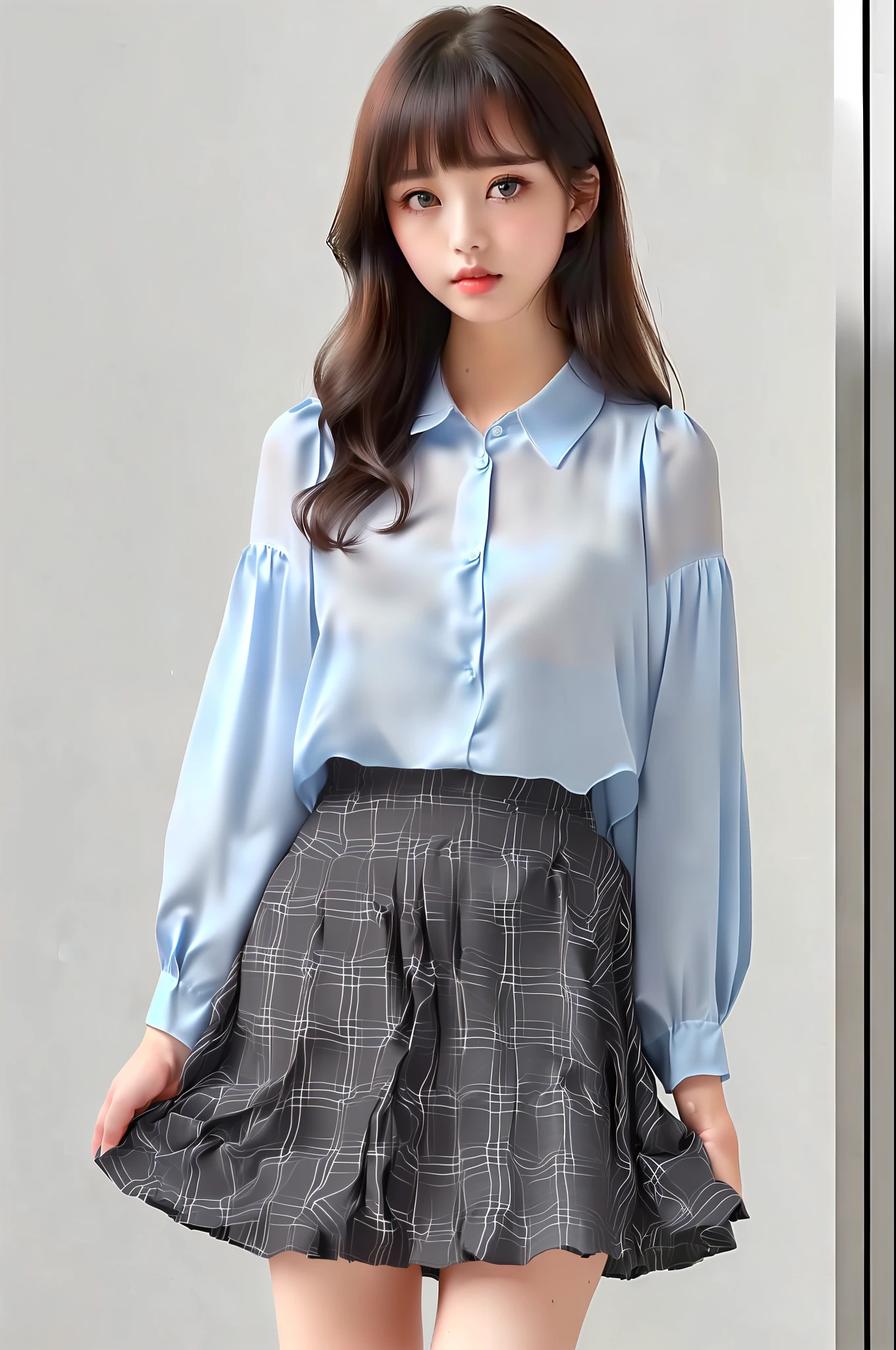 Masterpiece, top quality, characteristics of the whole body (saukztf: 1.3), brown shoulder-length hair, bangs, big eyes, parted lips, black eyes, uniform, white blouse, rain, soaked, blouse on bare skin, light blue underwear, sheer, dripping water droplets, small, plaid pattern, gray colored pleated skirt, bent over with legs open, ,