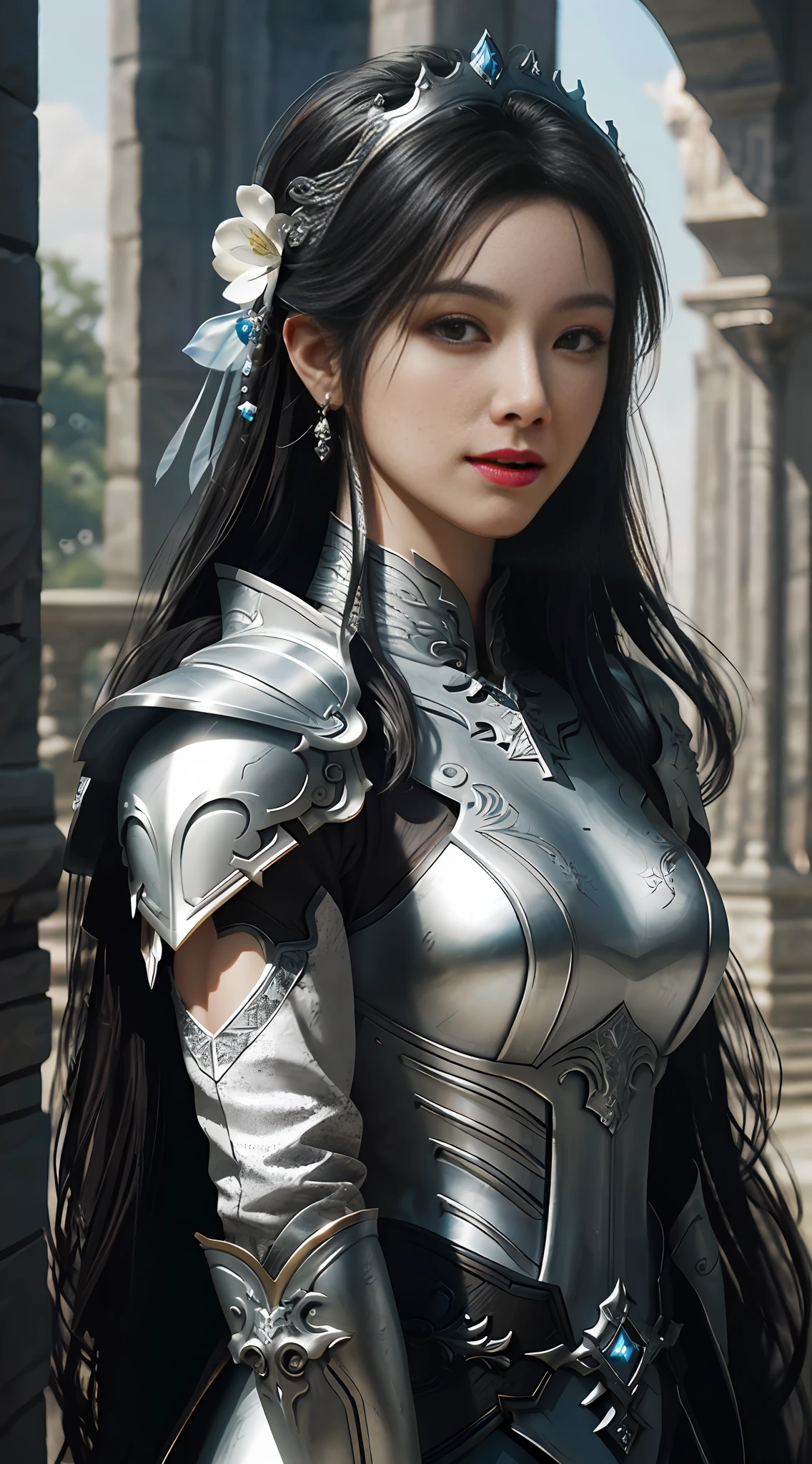 Close-up of a woman in silver and white armor, black hair, Cheng Wei Pan on ArtStation, by Yang J, detailed fantasy art, stunning character art, best art in fan art, epic exquisite character art, beautiful armor, extremely detailed art germ, detailed realistic style, artgerm on artstation pixiv, armor girl, smile, look at the audience