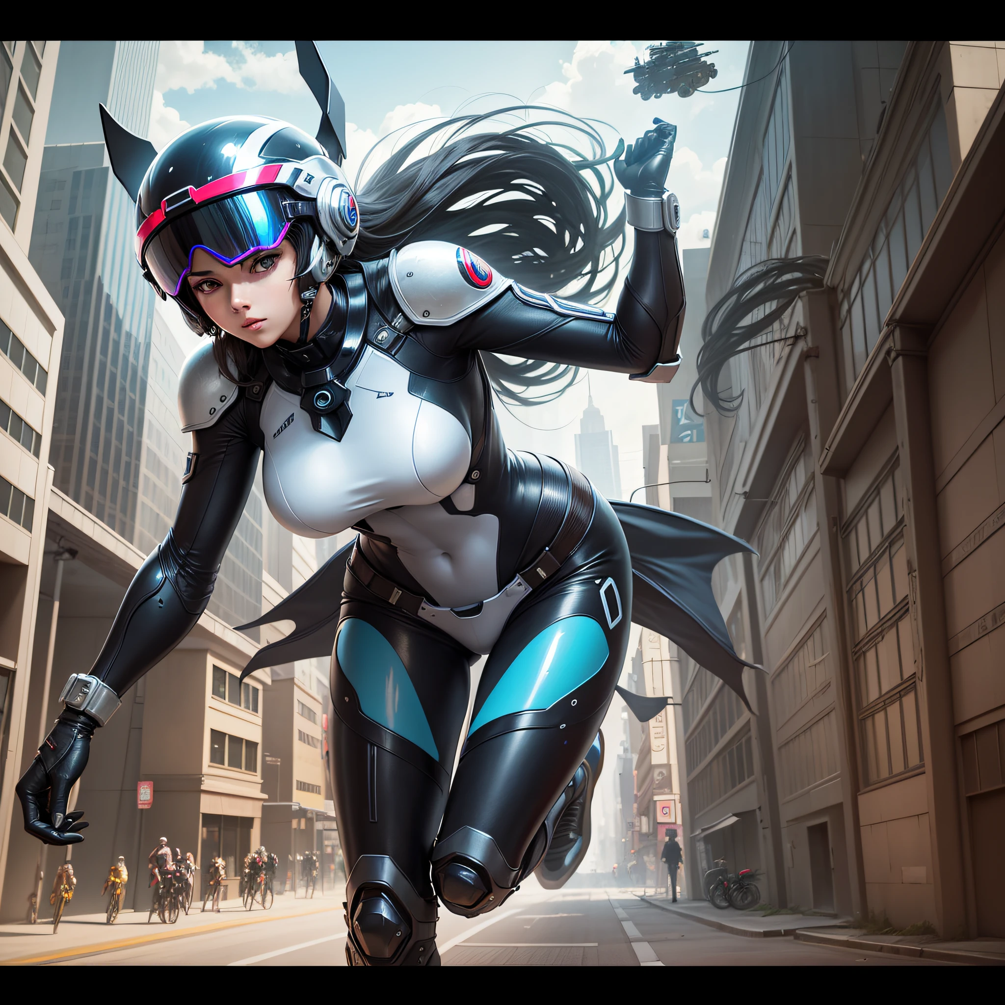 cool, graceful, beautiful woman, full cowling, futuristic helmet, skinny 20 years old, anime, futuristic goggles, running on a 750cc motorcycle, --auto --s2