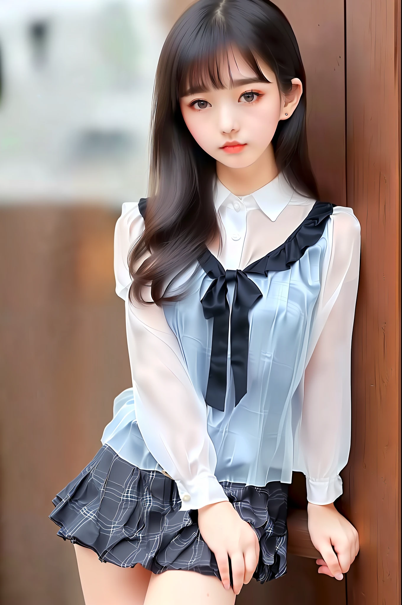 Masterpiece, top quality, characteristics of the whole body (saukztf: 1.3), brown shoulder-length hair, bangs, big eyes, parted lips, black eyes, uniform, white blouse, rain, soaked, blouse on bare skin, light blue underwear, sheer, dripping water droplets, small, plaid pattern, gray colored pleated skirt, bent over with legs open, ,
