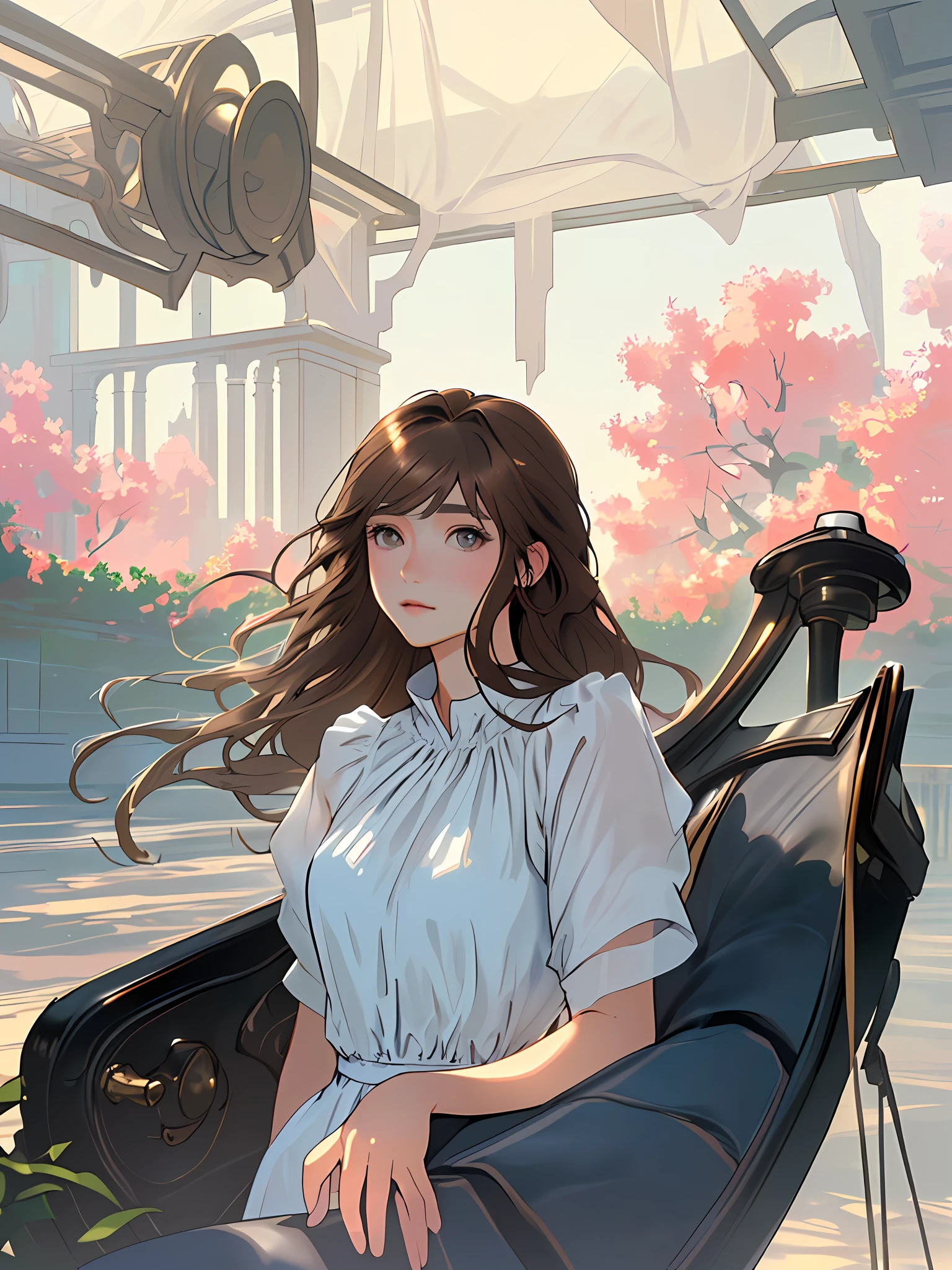((Masterpiece), (Best Quality), 1 Girl ((Masterpiece), (Best Quality), (detailed), Beautiful Girl, Pure, Creative, Natural Light, Delicate Eyes, Delicate Hair, Seduction, Quiet, Two-dimensional, Brown Hair, Gray Eyes Slimming