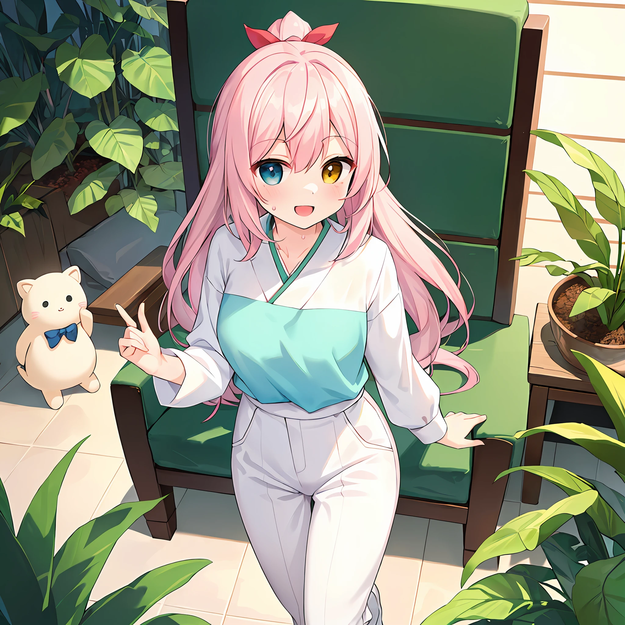 (Masterpiece, Super Detail, Top Quality, 8k, 32K, High Resolution, Kyoto Animation Style Anime Illustrations, Top Quality Official Art Features: 1.6), (Heterochromia, Blue and Green Eyes: 1.8), (Chibi: 1.8), (Caregiver, One Cute Girl, Solo, Standing, Watch Viewer, Full Body, Predecessor, Cute Open Mouth, Makeup, Cute, Happy Smile: 1.3), (Lori :1.2), (cute:1.5)、sexy kawaii girl,running in the park in the morning, short of breath,(sweat)1.4,satisfied smile,wearing light brown sport bra and jogger pants,transparent shirt,soft clean focus, realistic lighting and shading,active,dynamism, (pale pink hair, twin blades, long hair, hair ribbons, cute ribbons: 1.1), thin eyebrows, big breasts, (bakcground: sofa, plants, indoors, landscape, chair, table, pillow, wooden floor, potted plants, tile floor, tile, lamp)
