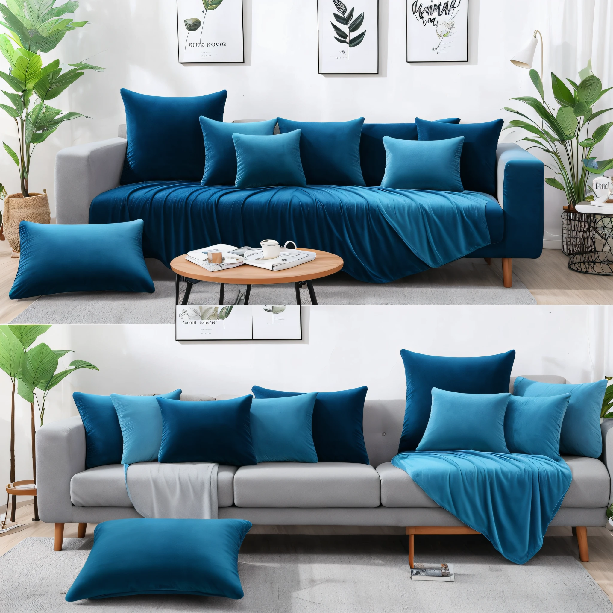 Sofa set with 3 short blue plush throw pillows, velvet texture, soft and comfortable, HD photography, home photography, 8K, realistic photography, home photography, blue short plush throw pillows, blue short plush throw pillows, matte velvet, velor material
