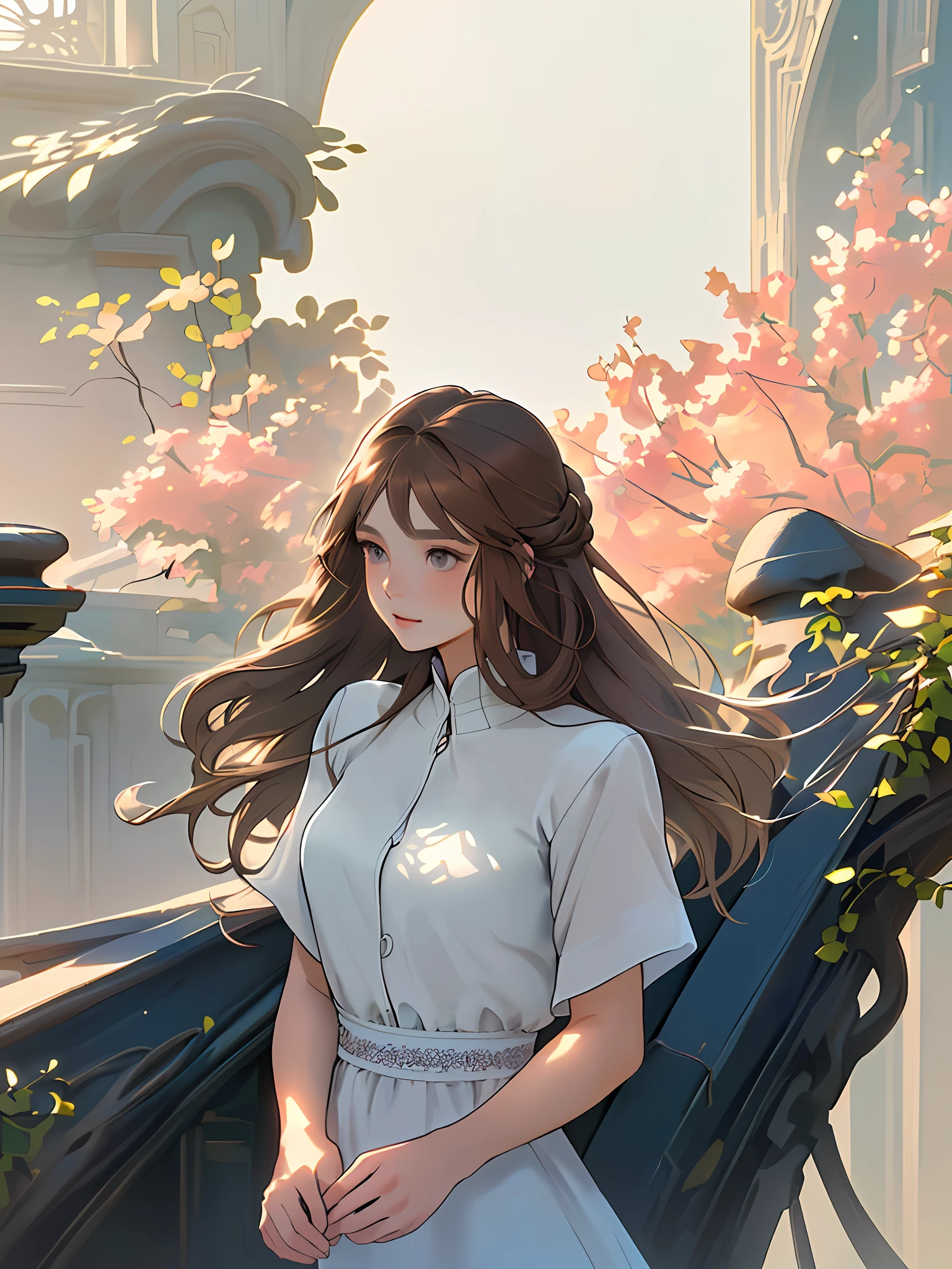 ((Masterpiece), (Best Quality), 1 Girl ((Masterpiece), (Best Quality), (detailed), Beautiful Girl, Pure, Creative, Natural Light, Delicate Eyes, Delicate Hair, Seduction, Quiet, Two-dimensional, Brown Hair, Gray Eyes Slimming