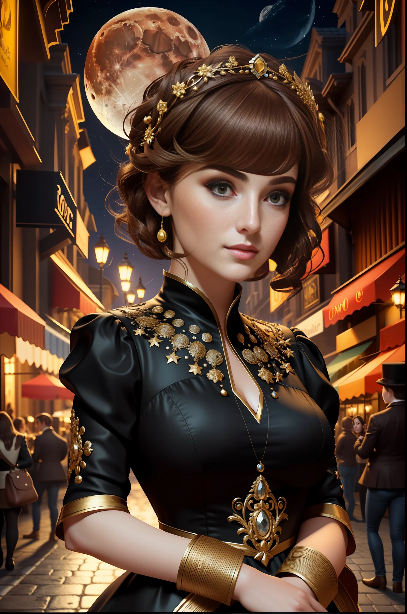 best quality, masterpiece, ultra resolution, (unreal engine: 1.4, realistic: 1.4), original photo, masterpiece, best quality, super detail, Illustrations, (bust shot, street, moon light), masterpiece, 1girl, solo exhibition, beautiful woman on bustling street, surrounded by vendors, beautiful goddess girl portrait, beautiful and detailed face, porcelain skin, ((bust lens, center, night, brunette hair, short hair)), super soft lighting, symmetry, complexity, elegance, high detail, realism , art, concept art, smile, fantasy costume, super fine costume,