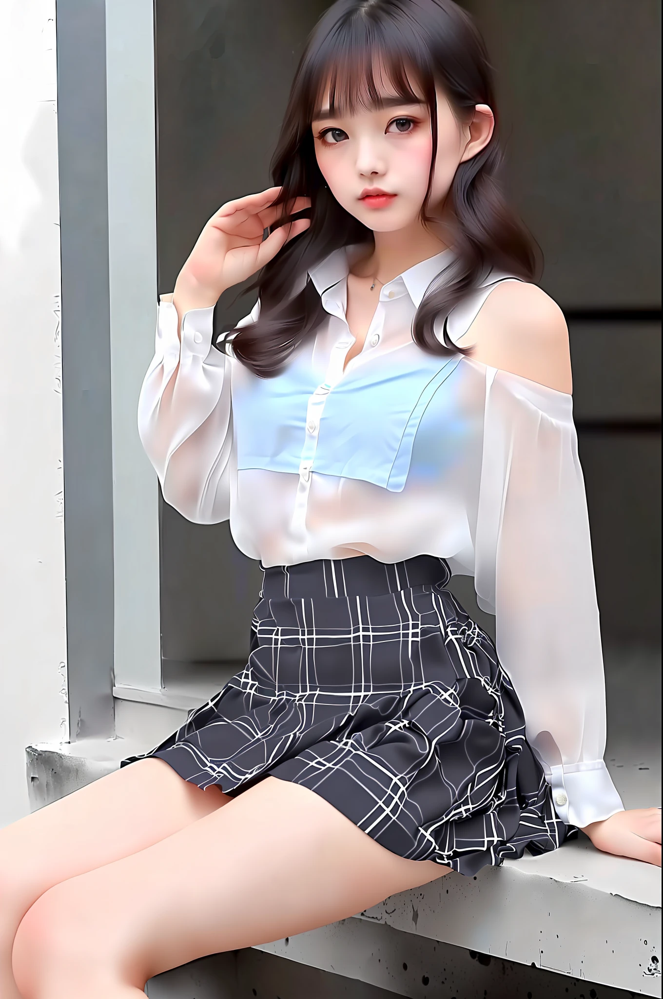 Masterpiece, top quality, characteristics of the whole body (saukztf: 1.3), brown shoulder-length hair, bangs, big eyes, parted lips, black eyes, uniform, white blouse, rain, soaked, blouse on bare skin, light blue underwear, sheer, dripping water droplets, small, plaid pattern, gray colored pleated skirt, bent over with legs open, ,