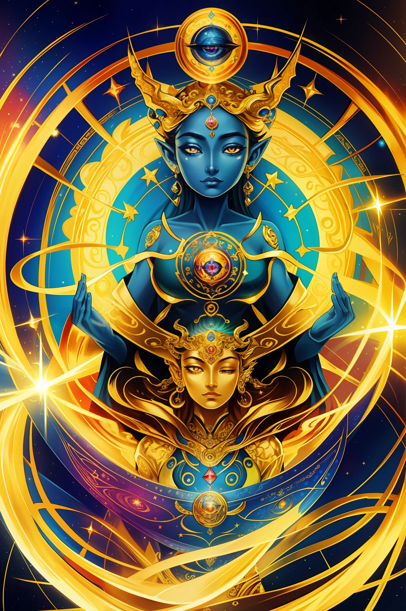 16k, best quality, masterpiece:1.2, Visionary Art, multiple eyes, open eyes, golden dragon, third eye, chakras, meditating woman, dark blue background, stars, Izzy Ivy style