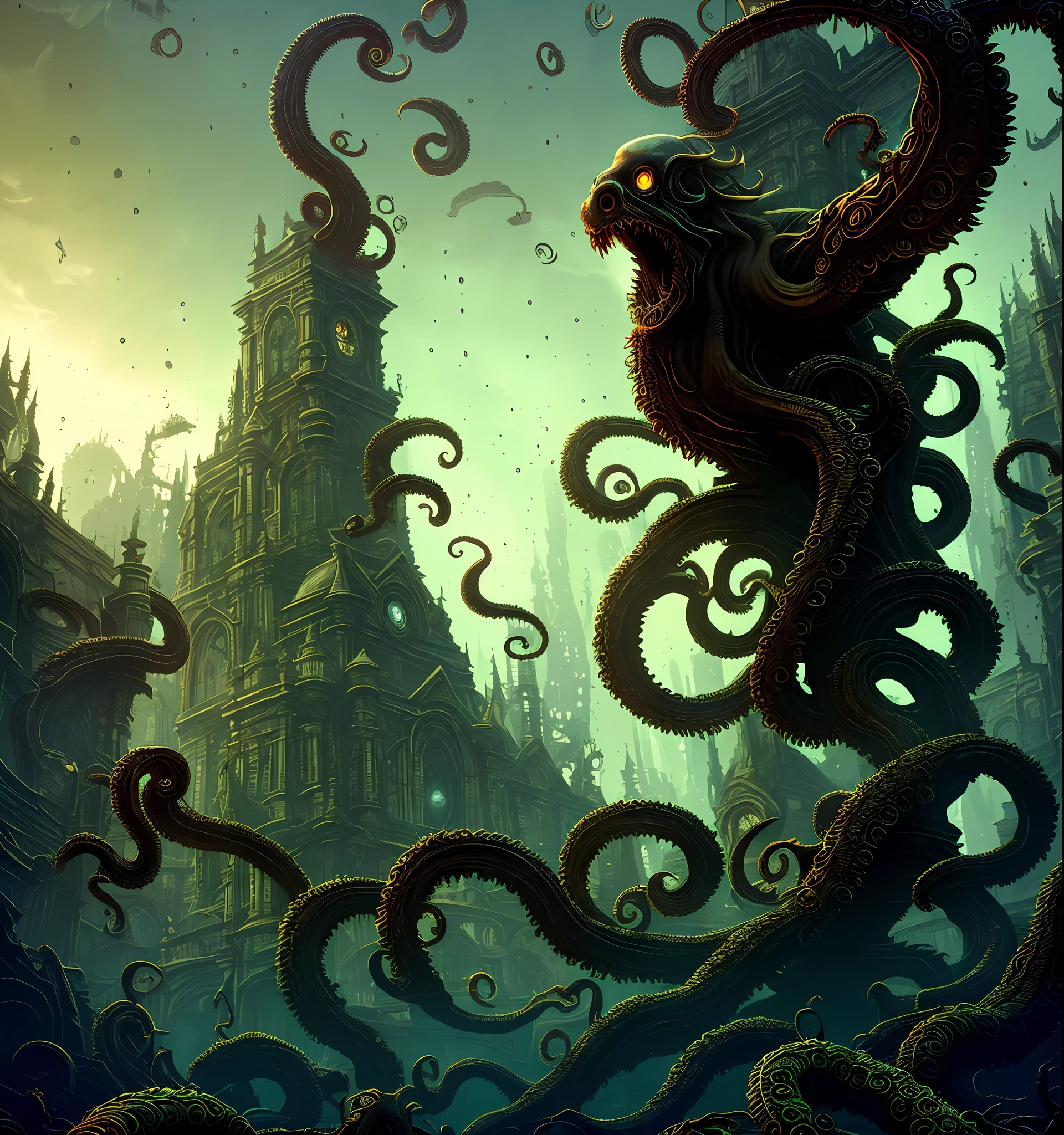 ancient cthulu octopus monster with 3 white-light orbs for eyes in a jar, tentacles sprawling in all directions, dark underwater space themed background. very dark and scary. hyper intricate details. volumetric lighting. streetwear style artwork. grunge. award winning stunning masterpiece. 8k. beautiful. gorgeous. only using the colors purple, red, white. narrow depth of field. hyperrealistic artwork style. scary horror metal music vibe. godrays, gorgeous, amazing, intricate, highly detailed, digital painting, artstation, concept art, sharp focus, illustration, art by greg rutkowski and alphonse mucha