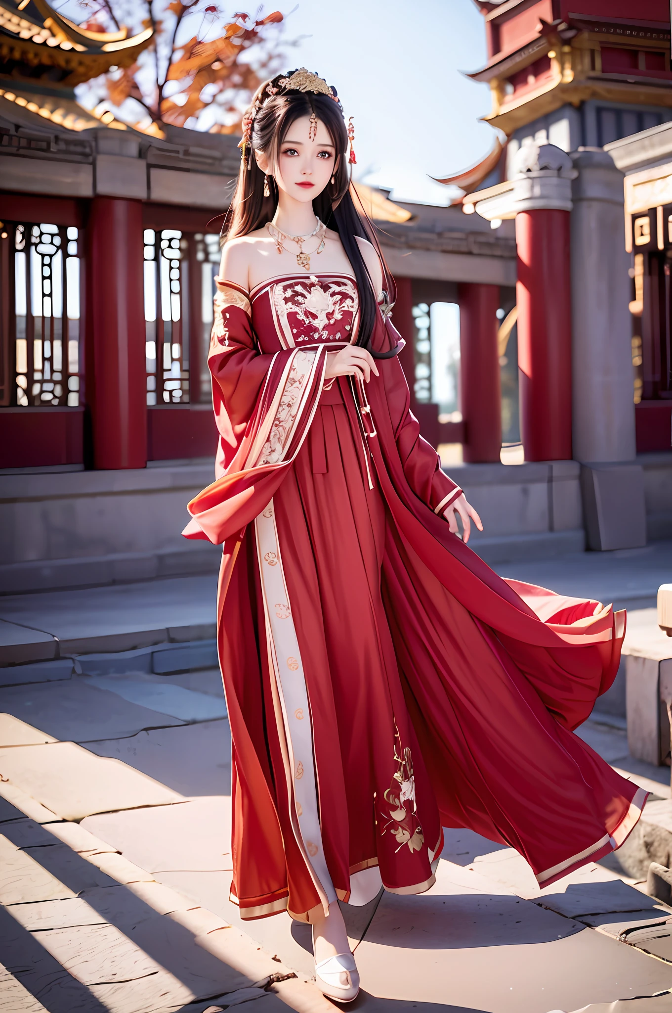 best quality, masterpiece, high resolution, 1Girl, red wedding dress, beautiful hair accessory,necklace, jewelry, beautiful face, body, tyndall effect, realistic, dark studio, edge lighting, duotone lighting, (high detail skin: 1.2), 8K ultra hd, digital dlr camera, soft light, high quality, volumetric light, voy shoot, photos, high resolution, 4K, 8K, Forbidden City background, full body photo, tall,