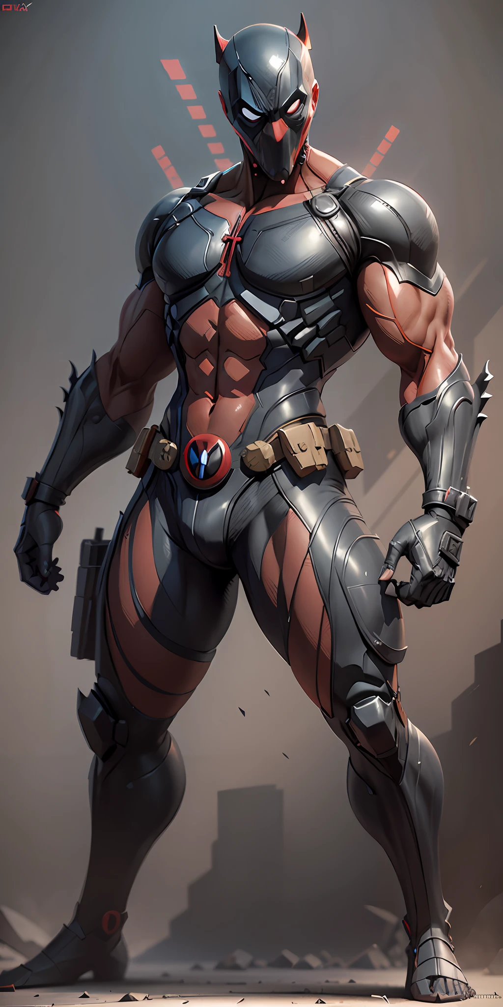 Evil Deadpool from Marvel, frontal, full-length, looking at the camera, facing the audience, standing pose, simple background, three-dimensional light, detailed full-body concept, sleek digital concept art, beautiful full-body concept art, art trend, CGsociety full-length,