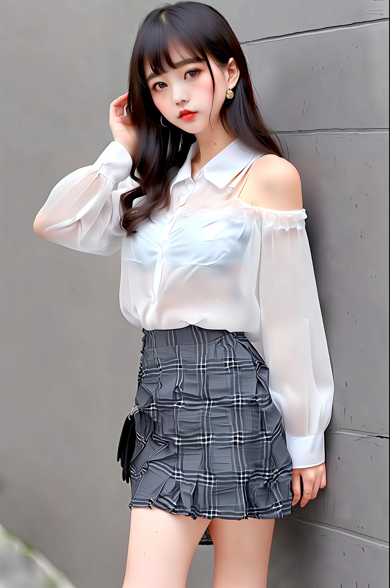 Masterpiece, top quality, characteristics of the whole body (saukztf: 1.3), brown shoulder-length hair, bangs, big eyes, parted lips, black eyes, uniform, white blouse, rain, soaked, blouse on bare skin, light blue underwear, sheer, dripping water droplets, small, plaid pattern, gray colored pleated skirt, bent over with legs open, ,
