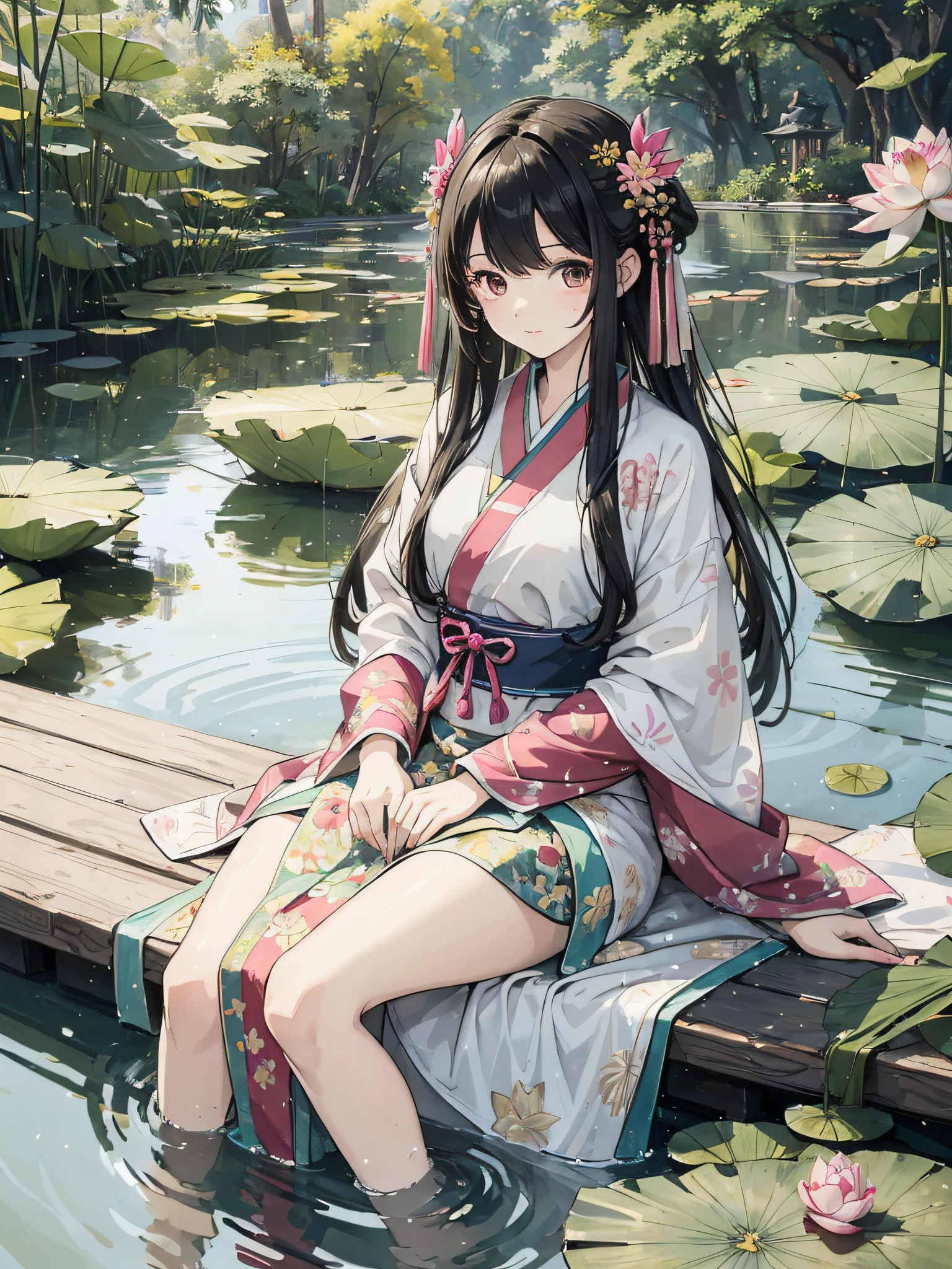 absurdres, highres, ultra detailed, (1girl:1.3), hand drawn, simple line, 16yo girl in colorful Song Hanfu, beautiful girl, at the lotus pond, masterpiece, swimming in water, floating clothes, floating hair