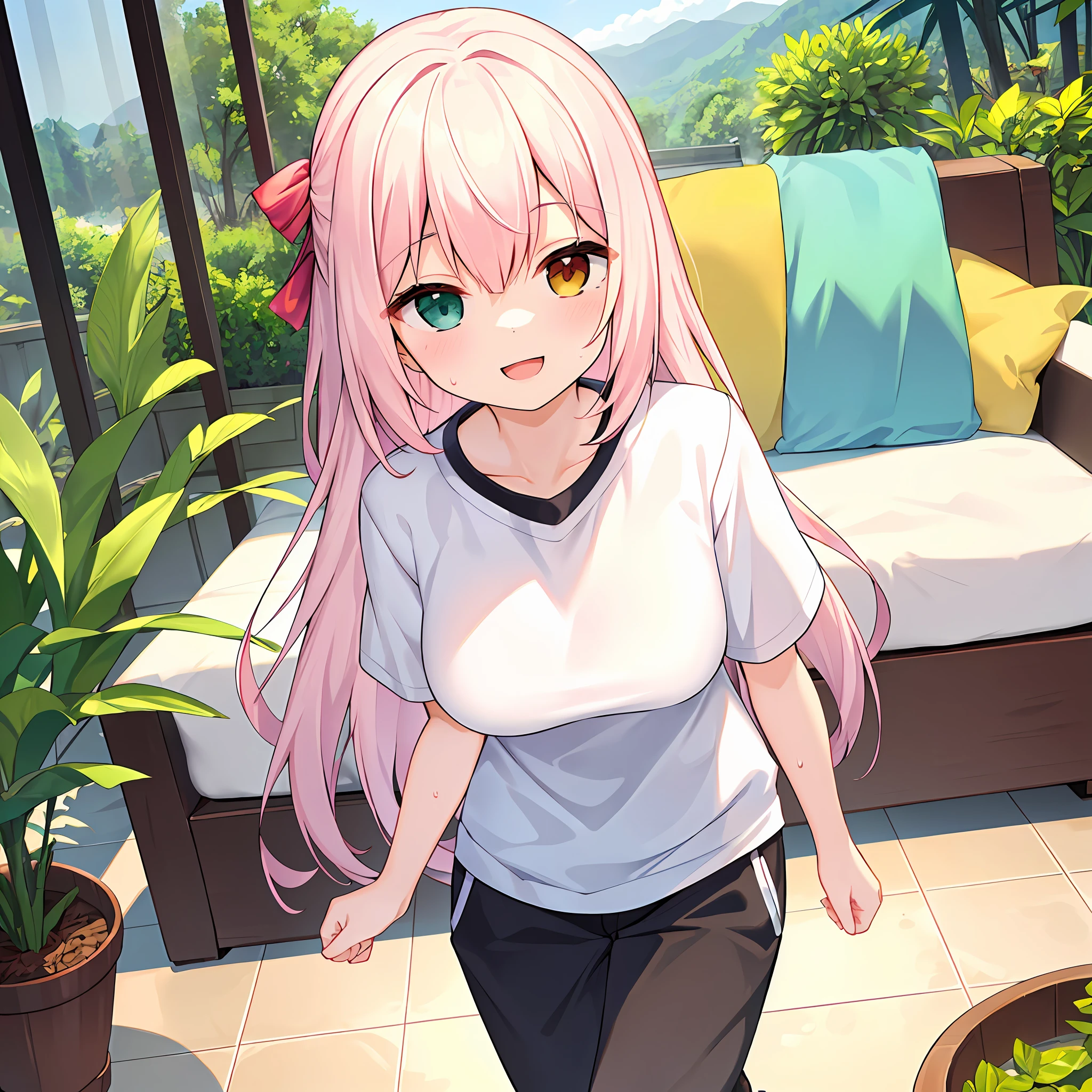 (Masterpiece, Super Detail, Top Quality, 8k, 32K, High Resolution, Kyoto Animation Style Anime Illustrations, Top Quality Official Art Features: 1.6), (Heterochromia, Blue and Green Eyes: 1.8), (Chibi: 1.8), (Caregiver, One Cute Girl, Solo, Standing, Watch Viewer, Full Body, Predecessor, Cute Open Mouth, Makeup, Cute, Happy Smile: 1.3), (Lori :1.2), (cute:1.5)、sexy kawaii girl,running in the park in the morning, short of breath,(sweat)1.4,satisfied smile,wearing light brown sport bra and jogger pants,transparent shirt,soft clean focus, realistic lighting and shading,active,dynamism, (pale pink hair, twin blades, long hair, hair ribbons, cute ribbons: 1.1), thin eyebrows, big breasts, (bakcground: sofa, plants, indoors, landscape, chair, table, pillow, wooden floor, potted plants, tile floor, tile, lamp)