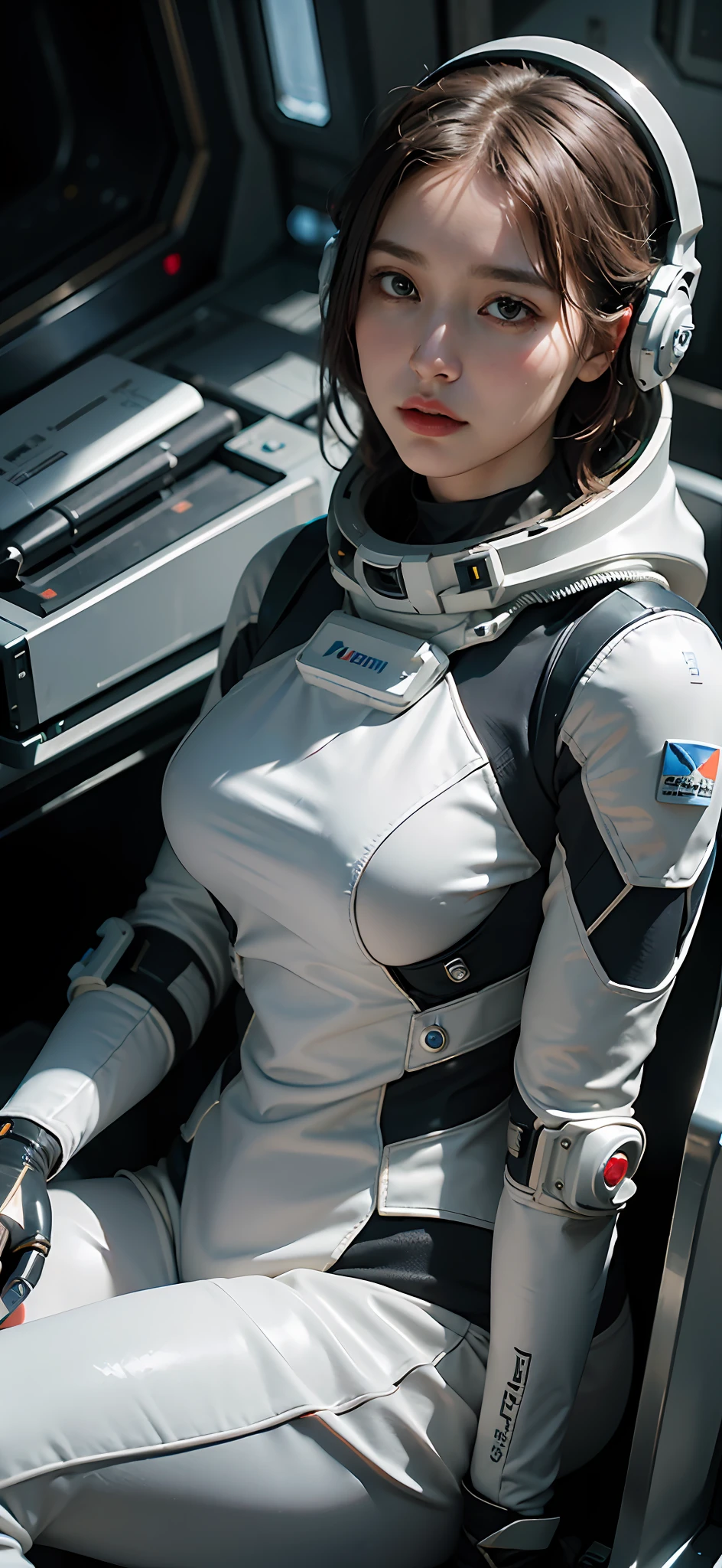 (RAW photo, best quality), (realistic, photo-realistic:1.3), best quality, highly detailed, masterpiece, ultra-detailed, Rembrandt light, Arad woman in spacesuit sitting in spaceship, beautiful woman in spacesuit, white futuristic armor, sci-fi spacesuit, Portrait armored astronaut girl, cinematic color, cinematic style, futuristic spacesuit, sci-fi robot woman, interstellar spacesuit, beautiful and seductive female cyborg, sci-fi suit, sci-fi suit, wearing futuristic space gear, sci-fi woman