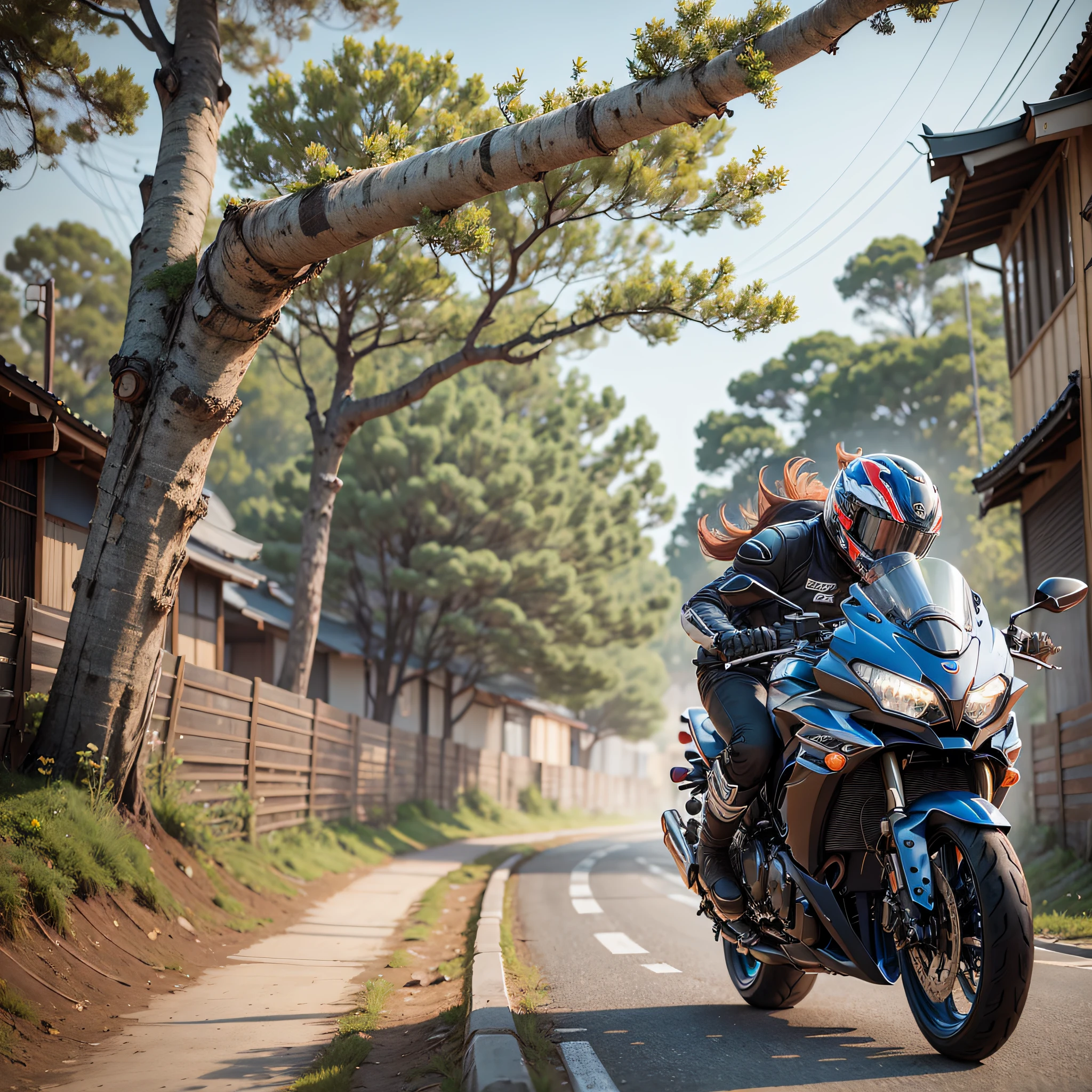 Running on a 750cc motorcycle, cool, graceful, beautiful, Japanese man, full cowling, futuristic helmet, Korea, skinny 20 years old, background is freeway, anime, --auto --s2