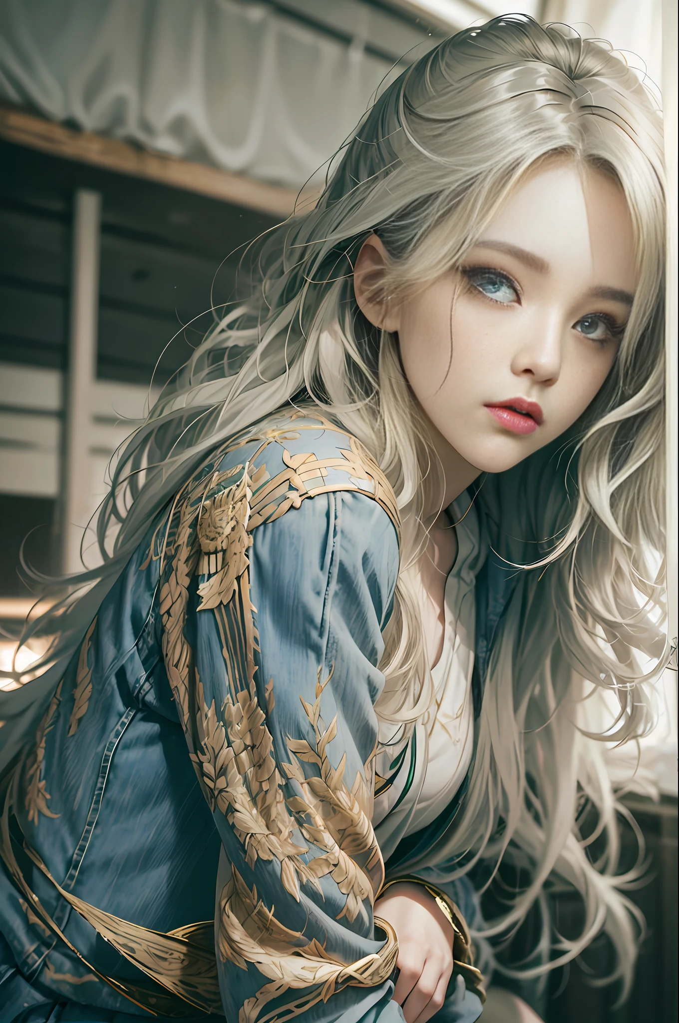 realistic, high resolution, 1 girl, white wavy hair, messy hair, long hair, korean, heterochromic eyes, small moles under the eyes, loose navy green shirt, skinny denim shorts, big breasts, thighs, best quality, masterpiece. (Realistic: 1.7)
