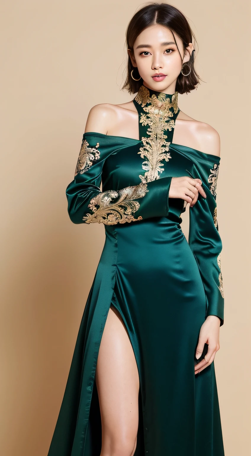 ((Top Quality, 8k, Masterpiece: 1.3)), (BRAV5:1.5)), Japan 1 Woman, (Full Body Photo: 2.0)), Full Body Portrait, Shot from Below, (Nipple Shadow: 3.5), , Beautiful Girl with Slender Emphasis: 1.3, , (Very Thin Waist), Thin Waist, (Hairstyle Short, Small Breasts: 1.2), ( Very Slender Abs: 1.1)), (( Dark green turtleneck halter neck: 2.6, off-shoulder long slit dress with floral pattern: 3.5, satin fabric, gold embroidery on the chest: 2.5)), ((headband with gold ornament)), (nipple shadow: 1.3), taken in a photo studio, ultra-detailed face, detailed eyes, double eyelids,