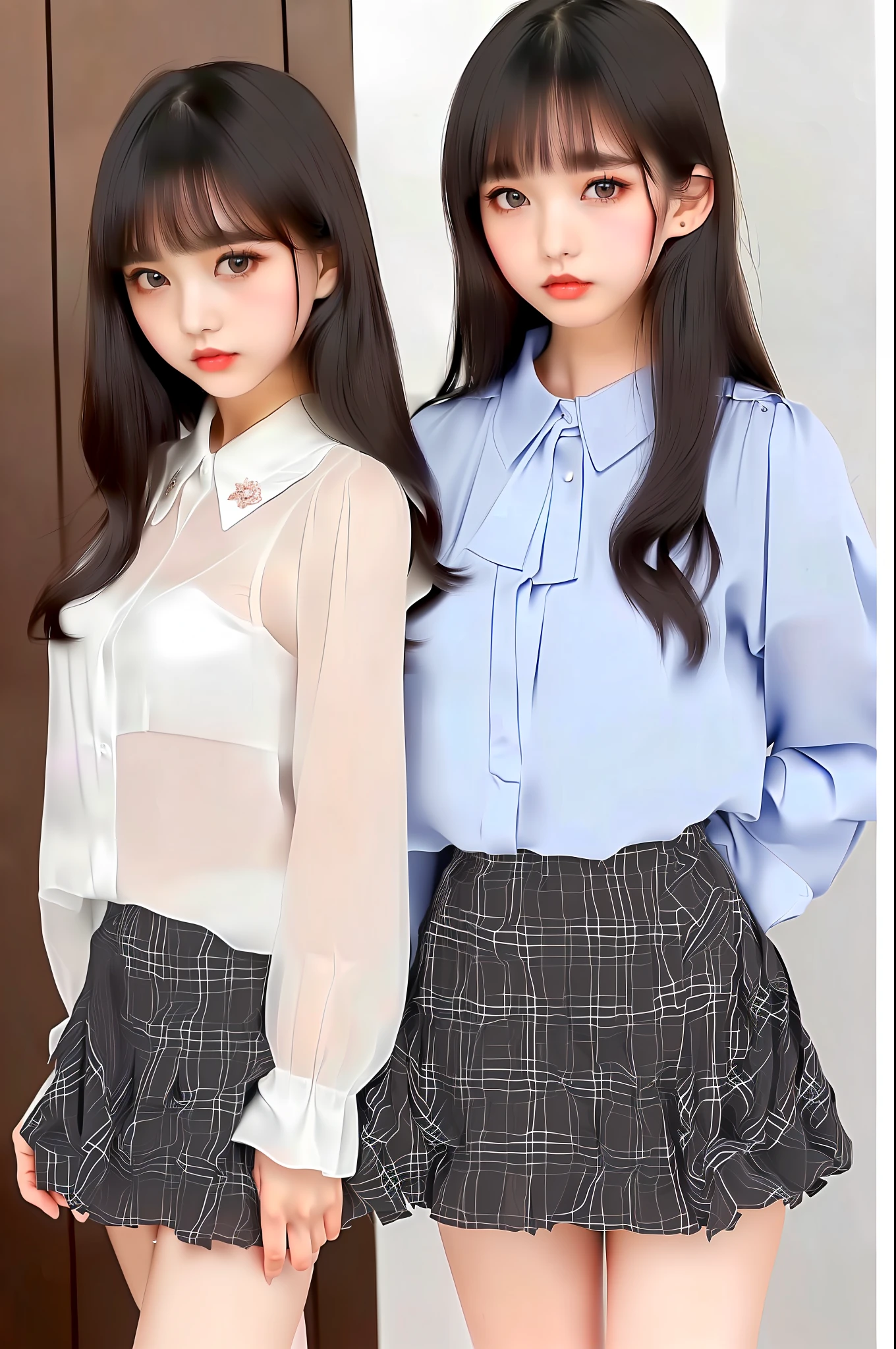 Masterpiece, top quality, characteristics of the whole body (saukztf: 1.3), brown shoulder-length hair, bangs, big eyes, parted lips, black eyes, uniform, white blouse, rain, soaked, blouse on bare skin, light blue underwear, sheer, dripping water droplets, small, plaid pattern, gray colored pleated skirt, bent over with legs open, ,