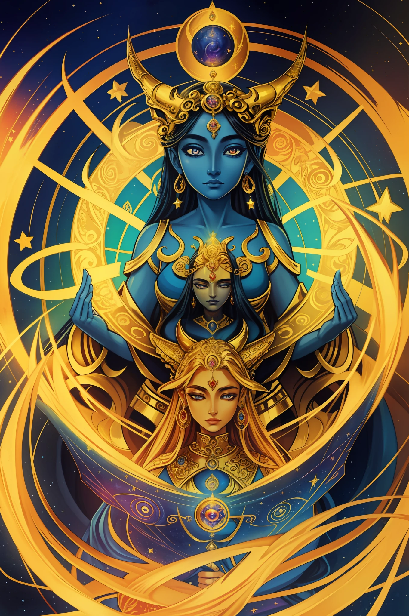 16k, best quality, masterpiece:1.2, Visionary Art, multiple eyes, open eyes, golden dragon, third eye, chakras, meditating woman, dark blue background, stars, Izzy Ivy style