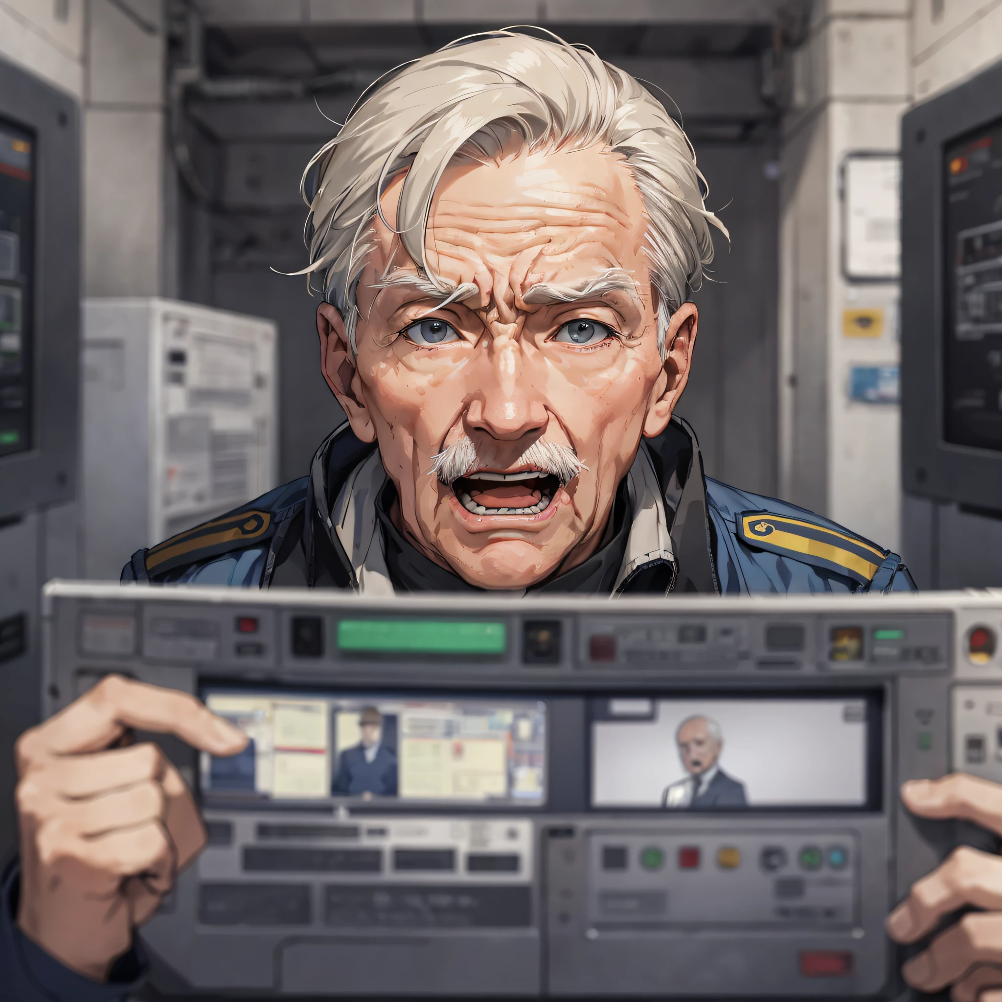 An elderly man dressed as a commander (1.5) with a very shocked expression with his mouth open, and the background is a large combat command with many large screens