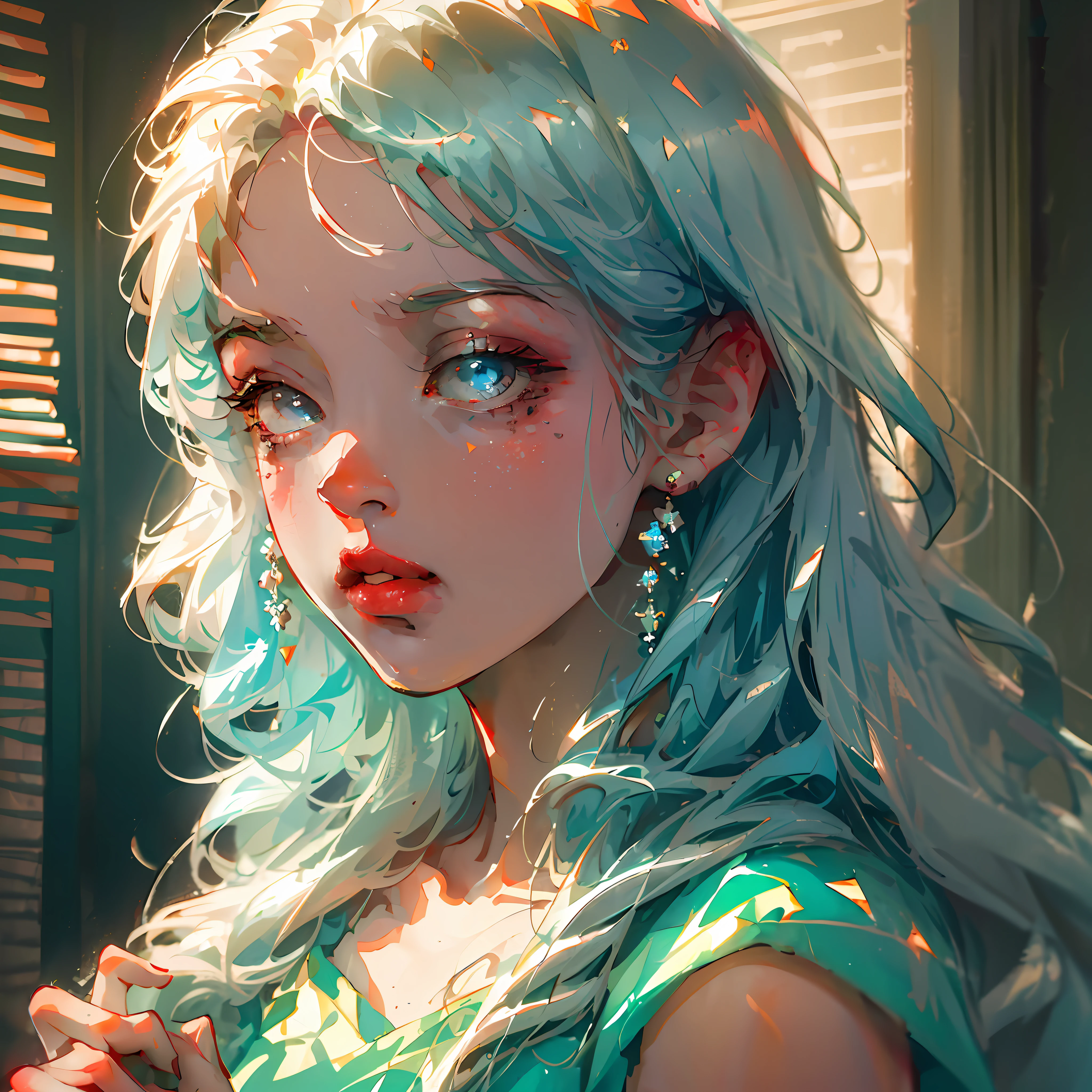 a close-up of a person holding an ice cream cone, sweet girl, woman with wavy silver hair, bangs, light blue eyes, red lips, tender green dress, --auto --s2