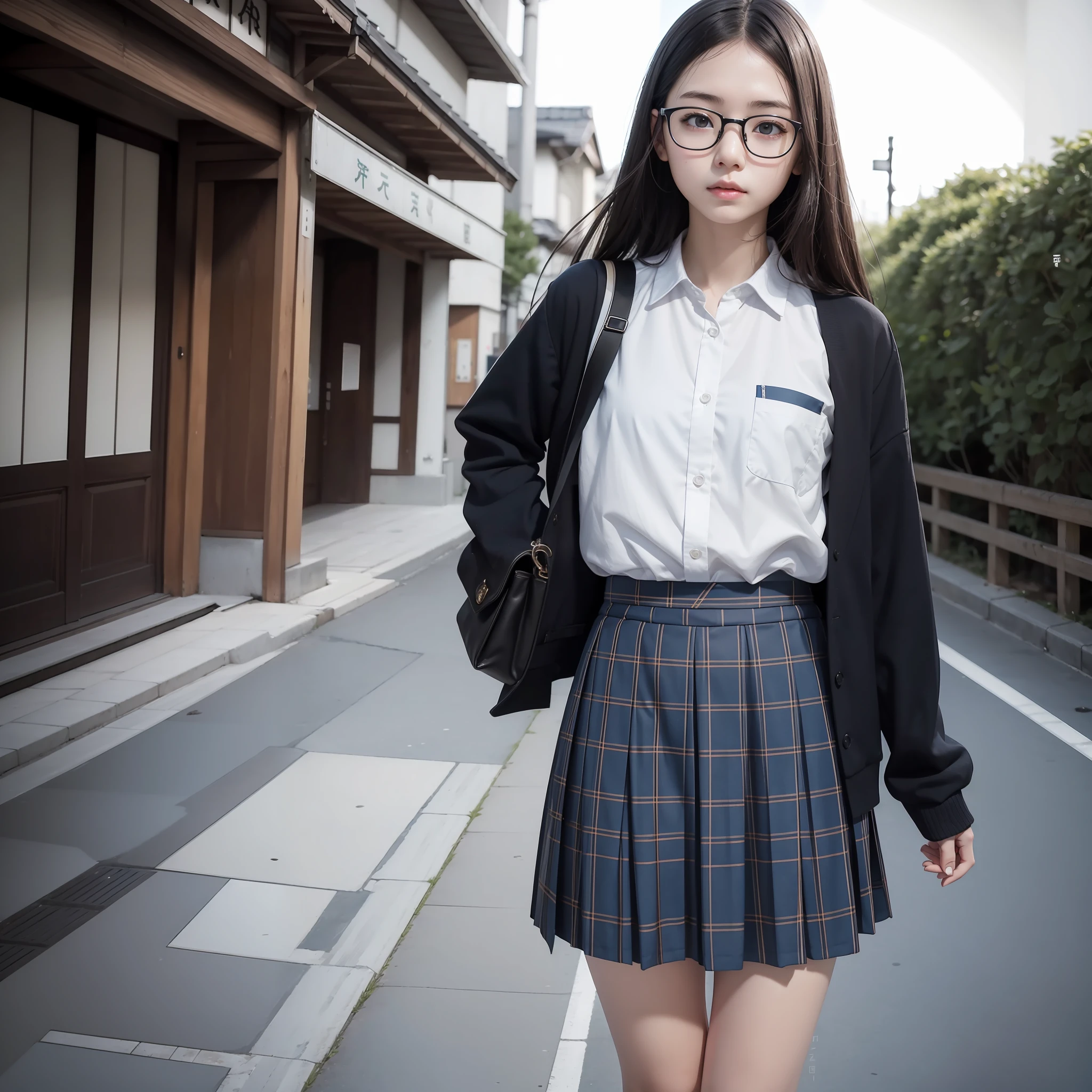 Raw photo, Candid, Narrow eyes, textured skin, 1 girl, solo,full body, (medium hair:1.2), pale skin, Japan person, glasses, small, young, tall, dark expression, bright black eyes, anger, school uniform, blue and light blue checked skirt, slender body, medium build, small waist, wide thighs, photorealistic, best quality, 8k, masterpiece
