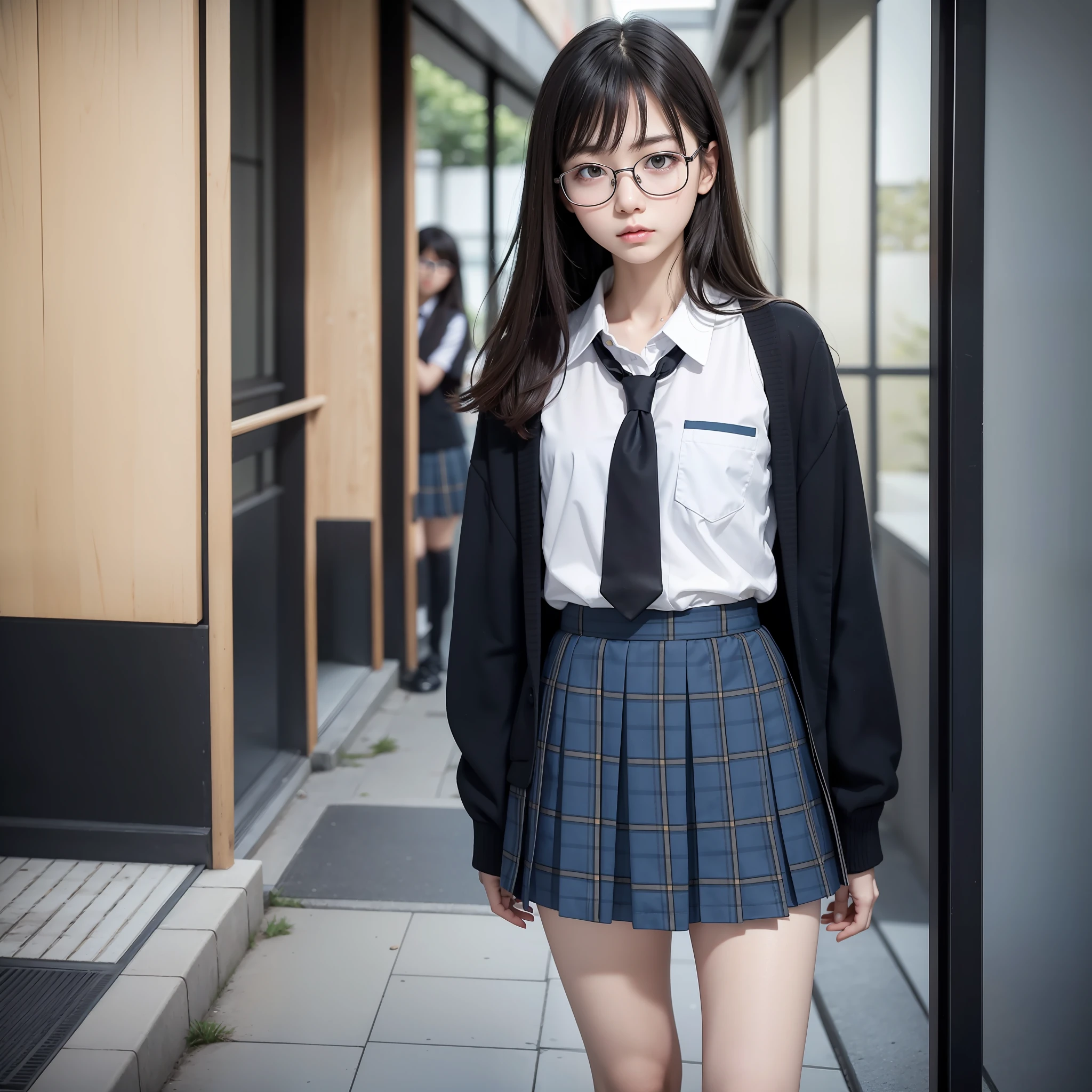 Raw photo, Candid, Narrow eyes, textured skin, 1 girl, solo,full body, (medium hair:1.2), pale skin, Japan person, glasses, small, young, tall, dark expression, bright black eyes, anger, school uniform, blue and light blue checked skirt, slender body, medium build, small waist, wide thighs, photorealistic, best quality, 8k, masterpiece