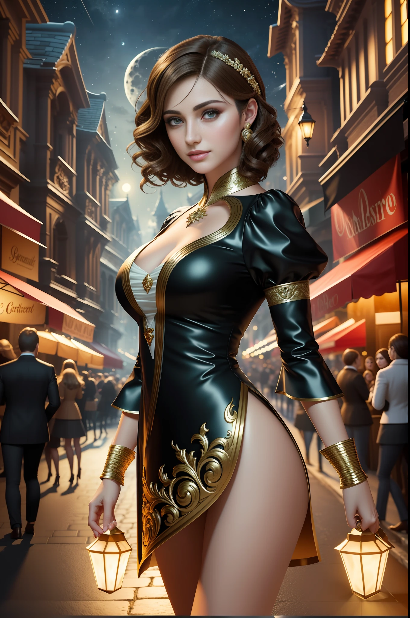 best quality, masterpiece, ultra resolution, (unreal engine: 1.4, realistic: 1.4), original photo, masterpiece, best quality, super detail, Illustrations, (bust shot, street, moon light), masterpiece, 1girl, solo exhibition, beautiful woman on bustling street, surrounded by vendors, beautiful goddess girl portrait, beautiful and detailed face, porcelain skin, ((bust lens, center, night, brunette hair, short hair)), super soft lighting, symmetry, complexity, elegance, high detail, realism , art, concept art, smile, fantasy costume, super fine costume,