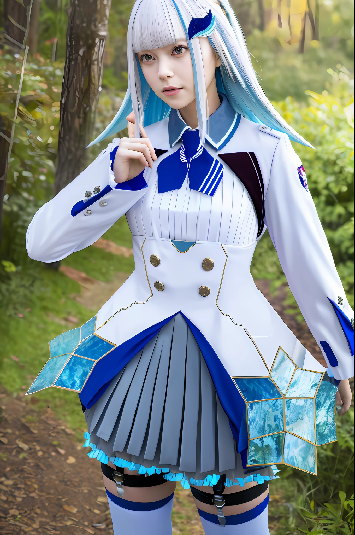 (Realistic, Photorealistic: 1.37),masterpiece, best quality, highres, lh1, hair ornamnet, thighhighs, long hair, long sleeves, pleated skirt, blue thighhighs, armband, frilled skirt, white jacket, white shirt, blue skirt, thigh strap, cowboy shot, pointing, outdoors