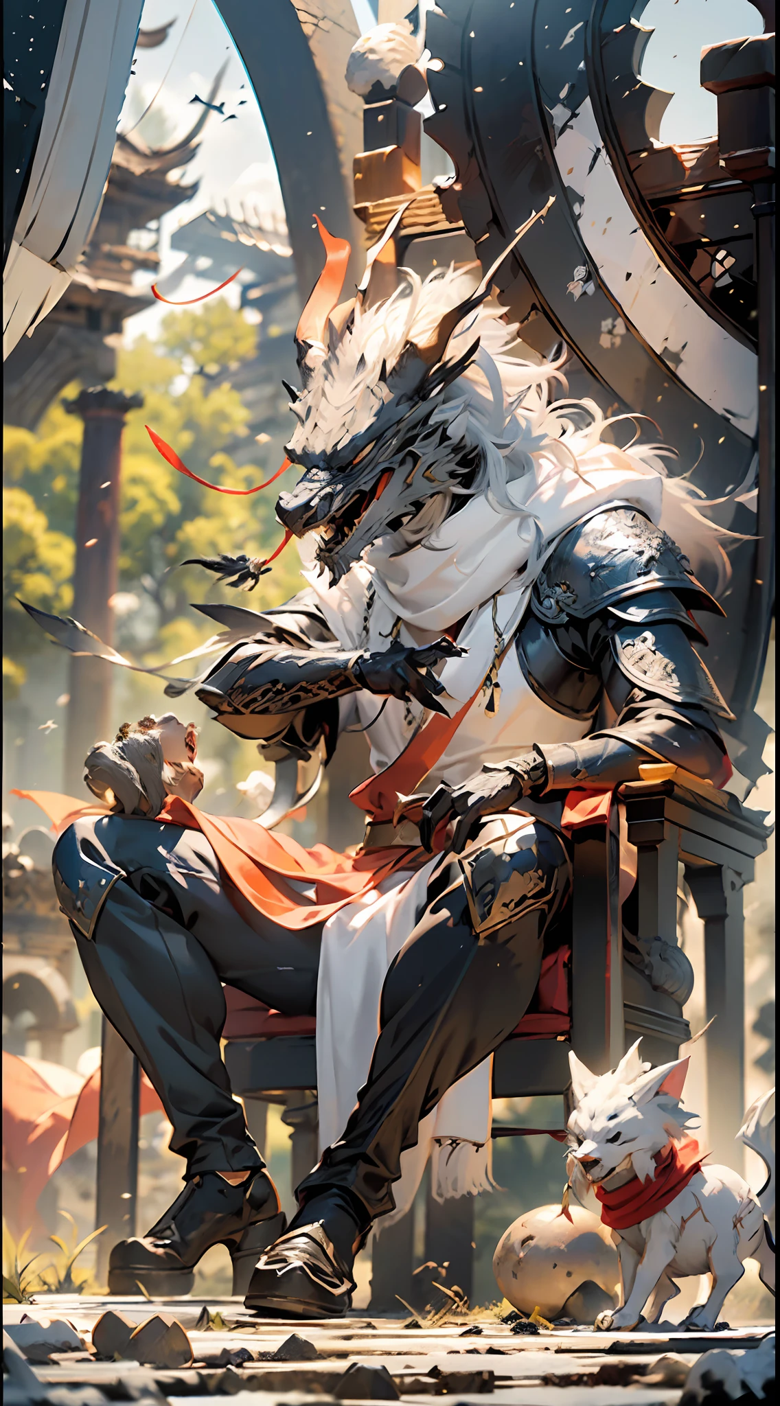 Superb image quality, 8K, ((knight, white hair, red scarf swaying in the wind, young male, rich in detail: 1.5, tai sword, broken, throne, flame sword: 1:1, frost sword: 1:1, facial detail: 1.2, dark expression)), facial expression: 1:1, a handsome and dashing man, with his chin raised, sticks his sword into the ground, sitting on a bone throne that has escaped most of his shell, the ground is full of human skulls and bones, and the black dragon flies behind in a mirror effect.