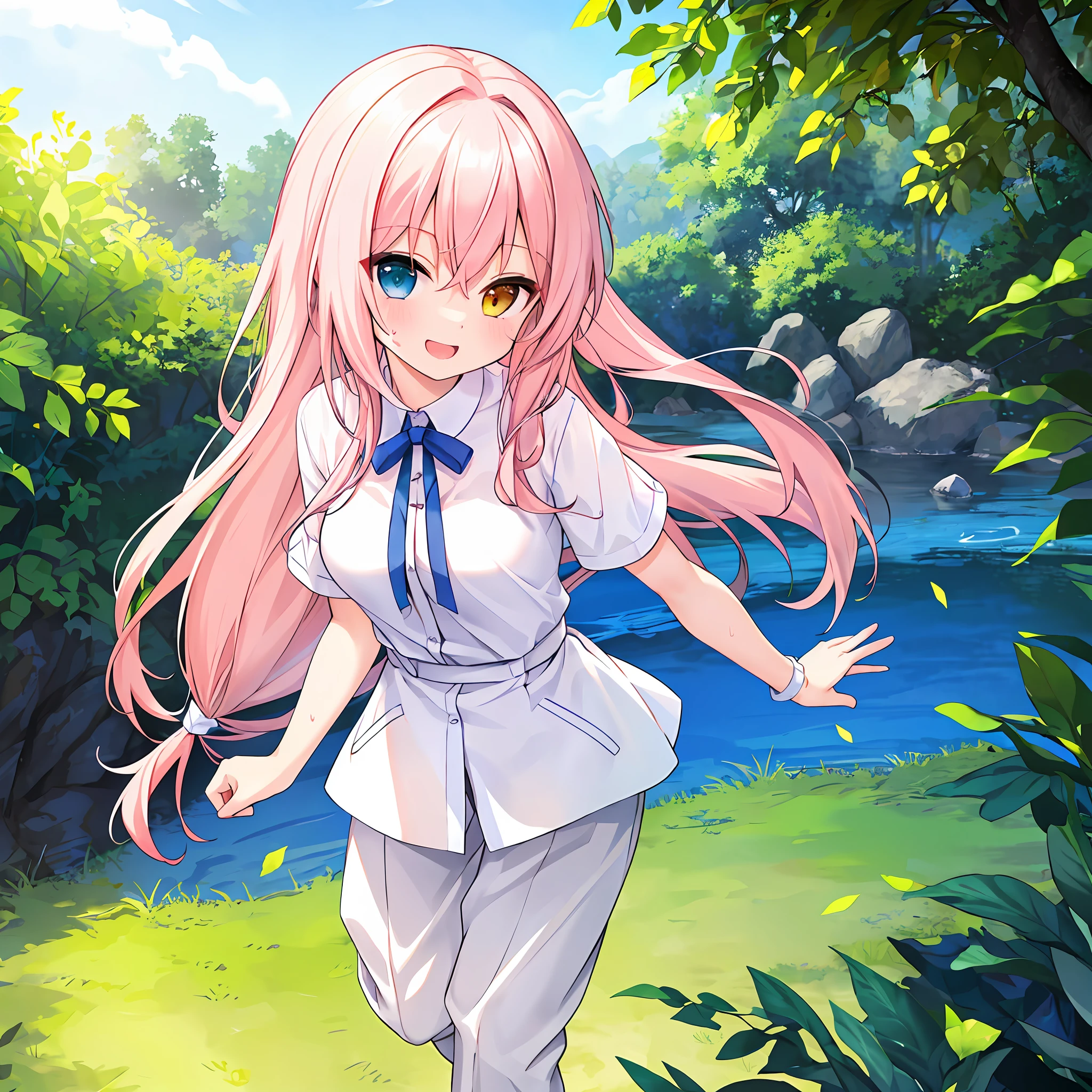 (Masterpiece, Super Detail, Top Quality, 8k, 32K, High Resolution, Kyoto Animation Style Anime Illustrations, Top Quality Official Art Features: 1.6), (Heterochromia, Blue and Green Eyes: 1.8), (Chibi: 1.8), (Caregiver, One Cute Girl, Solo, Standing, Watch Viewer, Full Body, Predecessor, Cute Open Mouth, Makeup, Cute, Happy Smile: 1.3), (Lori :1.2), (cute:1.5)、sexy kawaii girl,running in the park in the morning, short of breath,(sweat)1.4,satisfied smile,wearing light brown sport bra and jogger pants,transparent shirt,soft clean focus, realistic lighting and shading,active,dynamism,(pale pink hair, braids, hair ribbons, cute ribbons:1.1), thin eyebrows, big breasts, beautiful breasts, sheer bra