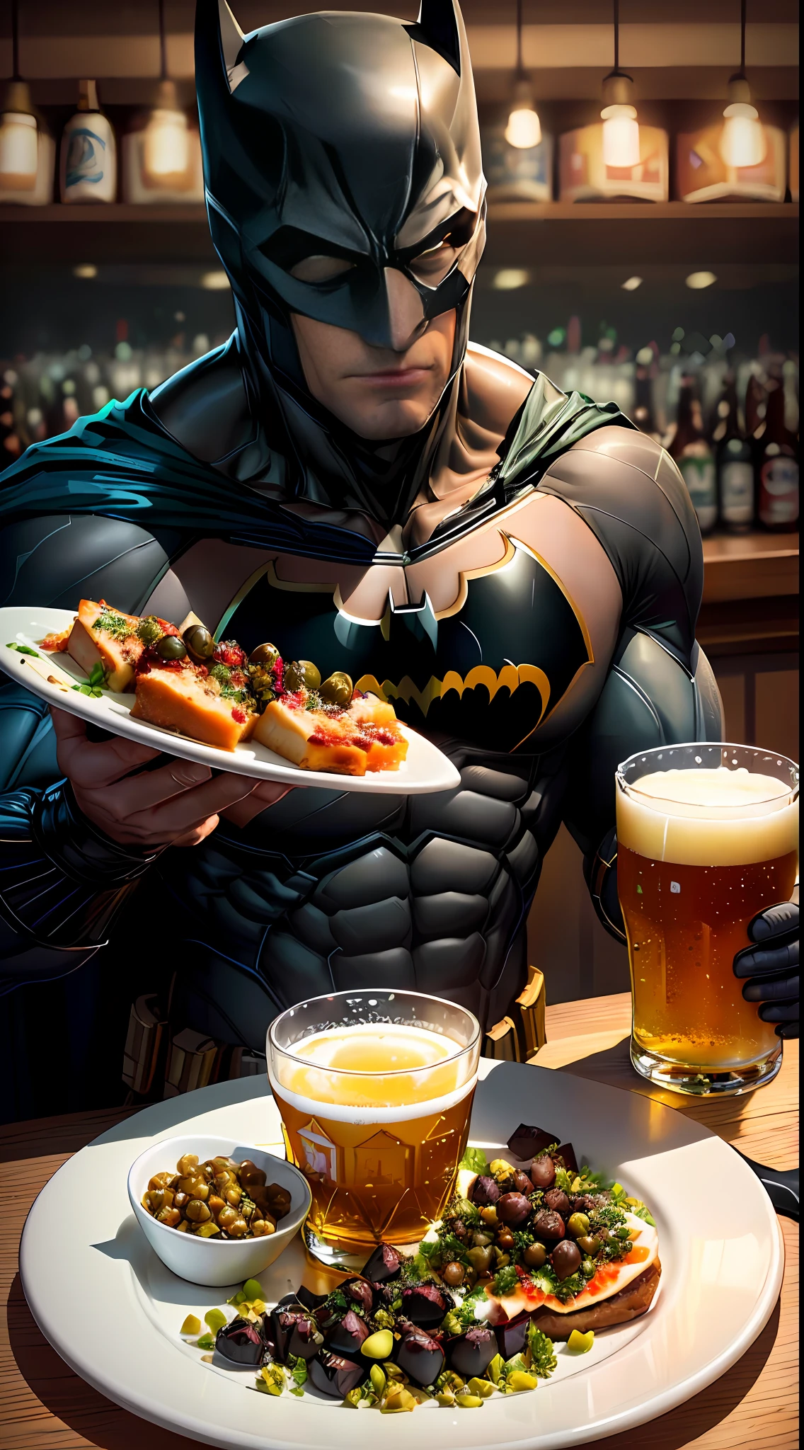 Batman from DC, ((Glass)) IPA beer at the bar, well chilled. With (plate)) appetizers with capers and pistachios on the side. 8K resolution