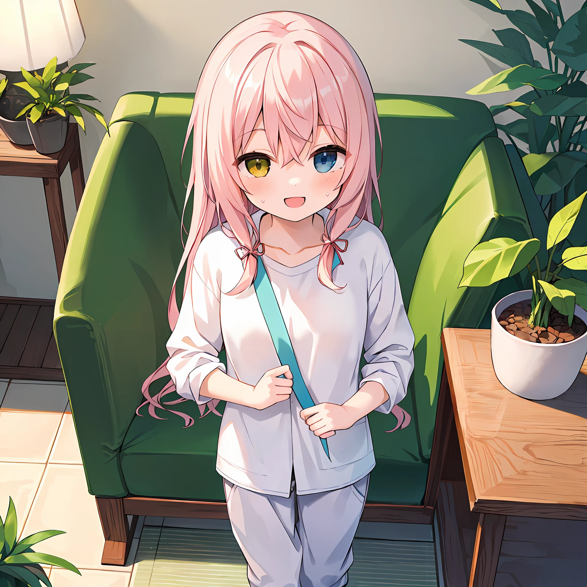 (Masterpiece, Super Detail, Top Quality, 8k, 32K, High Resolution, Kyoto Animation Style Anime Illustrations, Top Quality Official Art Features: 1.6), (Heterochromia, Blue and Green Eyes: 1.8), (Chibi: 1.8), (Caregiver, One Cute Girl, Solo, Standing, Watch Viewer, Full Body, Predecessor, Cute Open Mouth, Makeup, Cute, Happy Smile: 1.3), (Lori :1.2), (cute:1.5)、sexy kawaii girl,running in the park in the morning, short of breath,(sweat)1.4,satisfied smile,wearing light brown sport bra and jogger pants,transparent shirt,soft clean focus, realistic lighting and shading,active,dynamism, (pale pink hair, twin blades, long hair, hair ribbons, cute ribbons: 1.1), thin eyebrows, big breasts, (bakcground: sofa, plants, indoors, landscape, chair, table, pillow, wooden floor, potted plants, tile floor, tile, lamp)