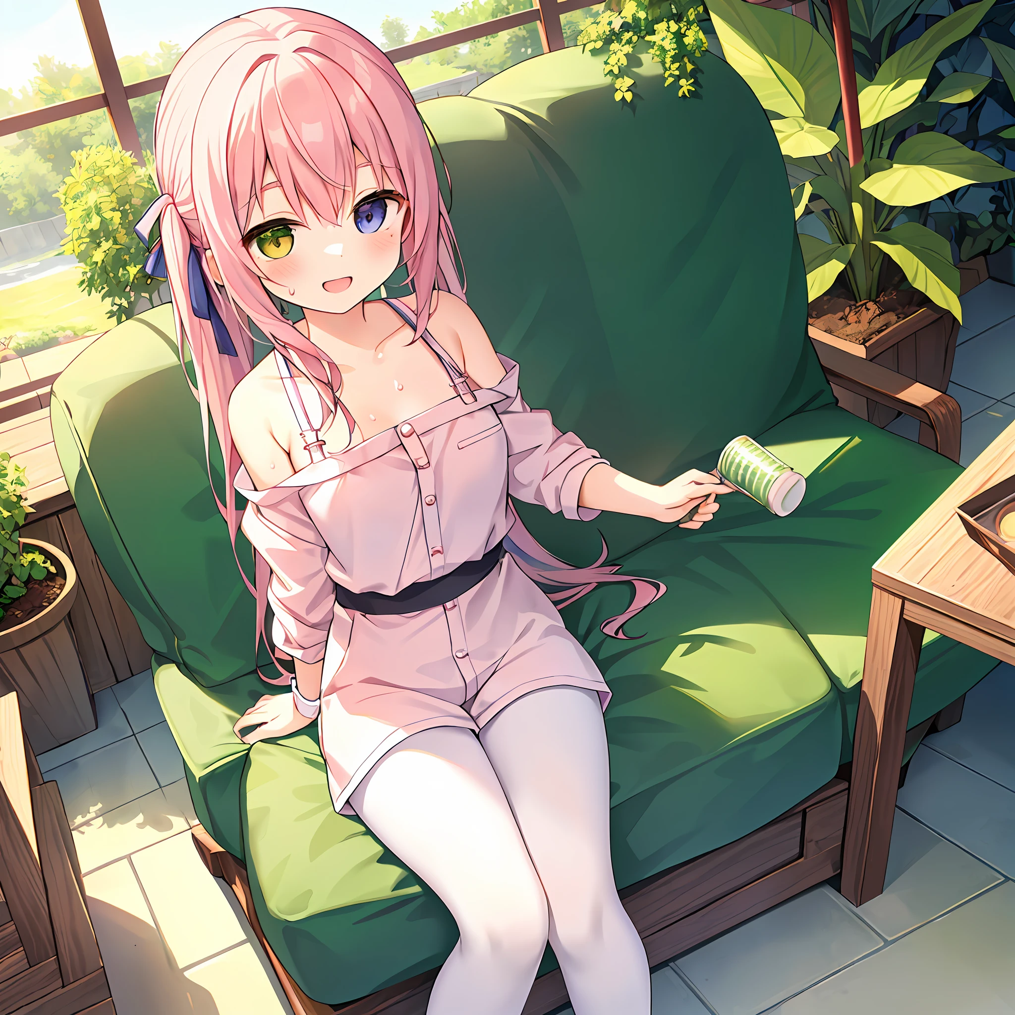 (Masterpiece, Super Detail, Top Quality, 8k, 32K, High Resolution, Kyoto Animation Style Anime Illustrations, Top Quality Official Art Features: 1.6), (Heterochromia, Blue and Green Eyes: 1.8), (Chibi: 1.8), (Caregiver, One Cute Girl, Solo, Standing, Watch Viewer, Full Body, Predecessor, Cute Open Mouth, Makeup, Cute, Happy Smile: 1.3), (Lori :1.2), (cute:1.5)、sexy kawaii girl,running in the park in the morning, short of breath,(sweat)1.4,satisfied smile,wearing light brown sport bra and jogger pants,transparent shirt,soft clean focus, realistic lighting and shading,active,dynamism, (pale pink hair, twin blades, long hair, hair ribbons, cute ribbons: 1.1), thin eyebrows, big breasts, (bakcground: sofa, plants, indoors, landscape, chair, table, pillow, wooden floor, potted plants, tile floor, tile, lamp)