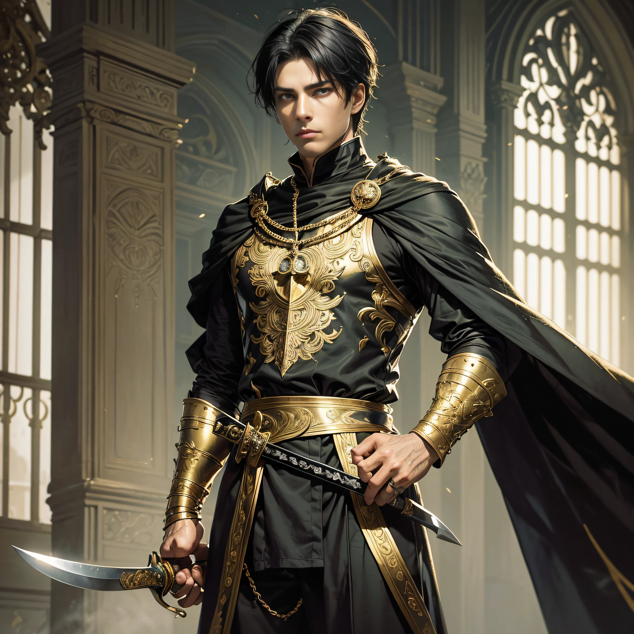 Eric was a strong-faced young man with piercing eyes and black hair, cut short and neat. His chest was athletic, displaying an imposing posture. He wore a black silk tunic adorned with gold details and a long robe, also black. His sword, with a sharp blade and details carved in gold, reflected the grandeur of its bearer.