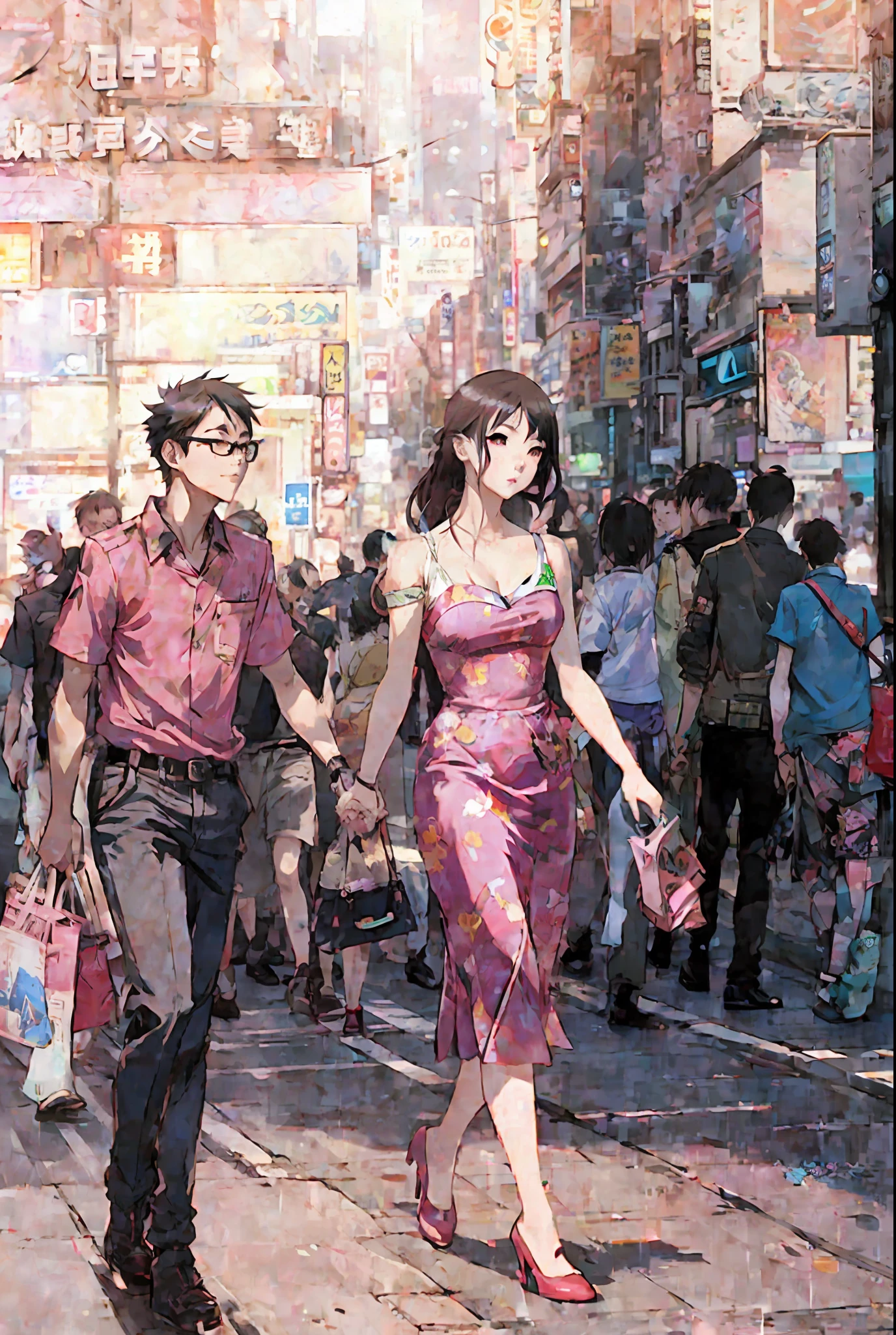 anime characters walking down a busy city street with a woman in a pink dress, tokyo anime scene, ross tran and ilya kuvshinov, by Yamagata Hiro, ruan jia and joao ruas, loish and ross tran, by Kentaro Miura, in neo tokyo, by Patrick Ching, in the style of ross tran, inspired by Yanjun Cheng