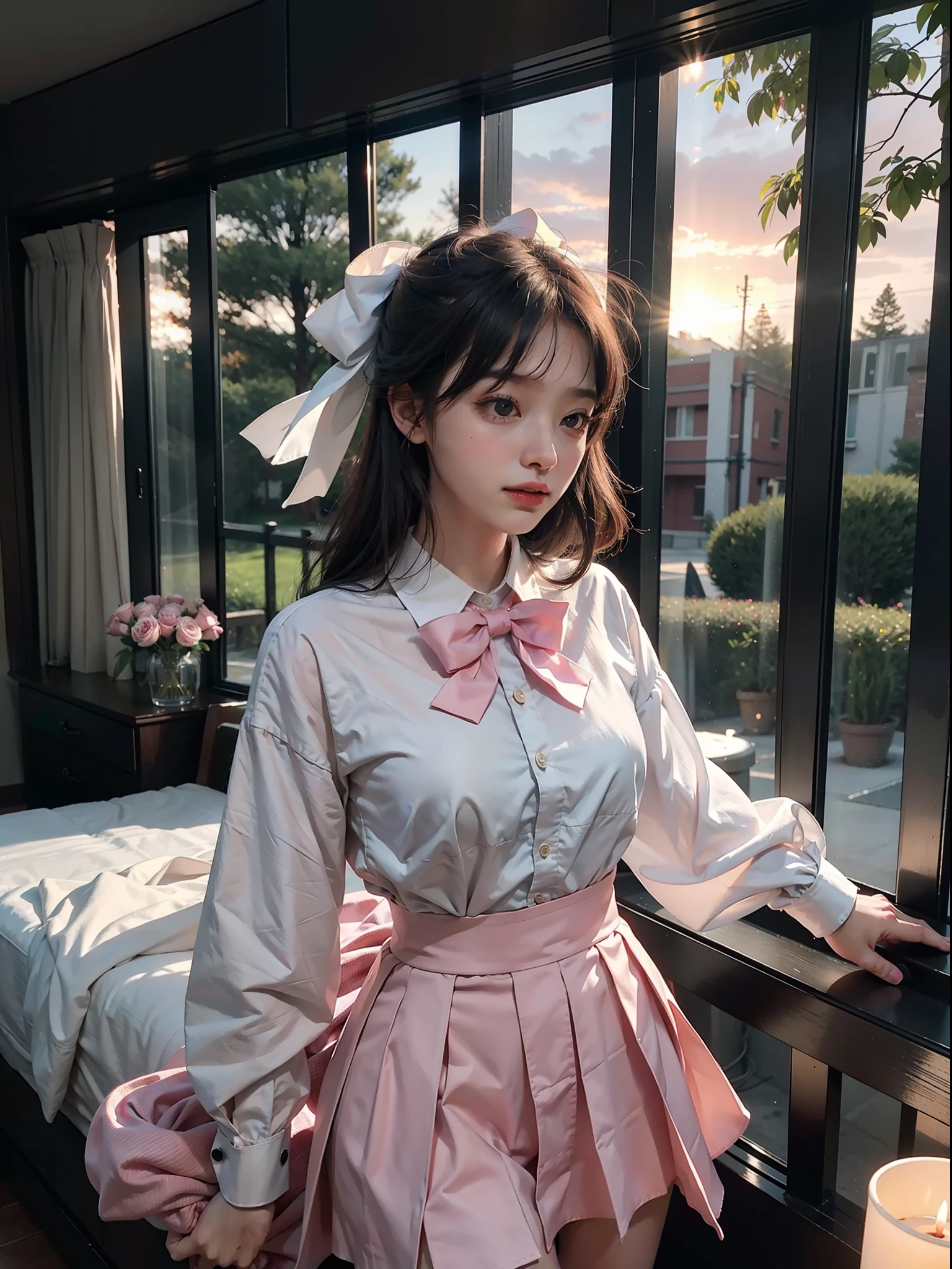 (dark scene, soft lighting, high saturated):1.4, vivid illumination, enchanting elegance, atmospheric depth, masterful technique, naturalistic representations, harmonious composition, creative refinement, striking juxtapositions,
1girl, 22 yo, laughing, jk suit,white shirt,pink bow, bowtie,pink skirt
,((sunset)),volumetric fog, outdoors,