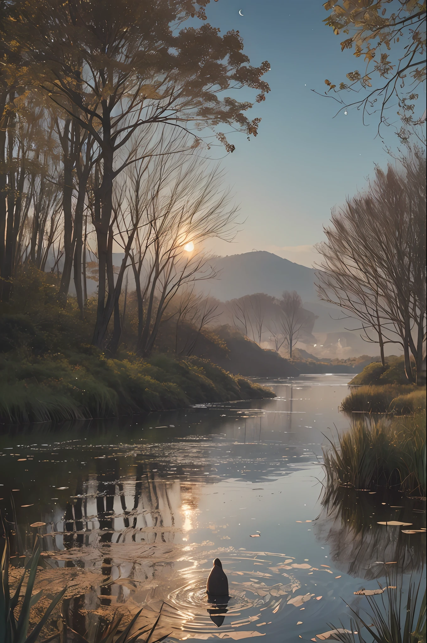 In the evening, a with a back, 40 years old, light brown hair, pond. RAW PHOTO, 8.5MM Fixed Camera. In the foreground is a blurred reed, the pond looks bright and peaceful in the moonlight, realistic, masterpiece, high quality, brightness, shadows, flowers, chromatic aberration, Jeremy Lipkin, Antonio Manzanedo, photo, Brazilian, 8k uhd, forest, stones on the shore, wood, smoke, contrast, evening, style, cool tones.