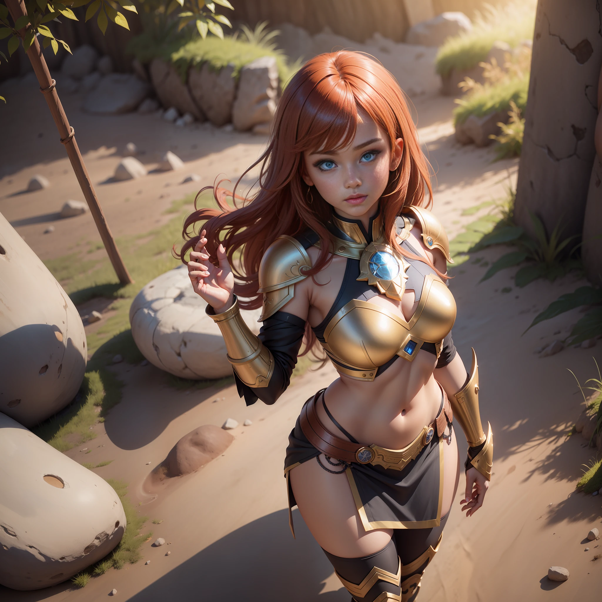 ed hair fringe, woman, golden brown skin, short height, full body, wearing tube top armor and revealing skirt, fantasy, high heel sandals, cute face, cold blue eyes, detailed background, HDR, high definition, 4k. young face, perfect proportions, subsurface scattering, ray tracing, young, slim, one woman, beautifull face, short stature, small stature, beautifull eyes