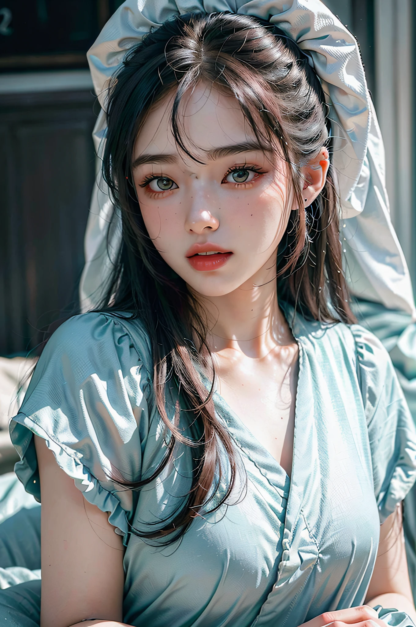 Nikon RAW photo,8 k, Fujifilm XT3,masterpiece, best quality, realistic, photorealistic, (lying on bed),(bed sheet),(Lie on the pillow),(smirk:1.1),best quality,(detailed facial features),(eyelashes:1.1),(depth of field:1.1), (chromatic aberration:1.1), (caustics:1.1), nvshen
