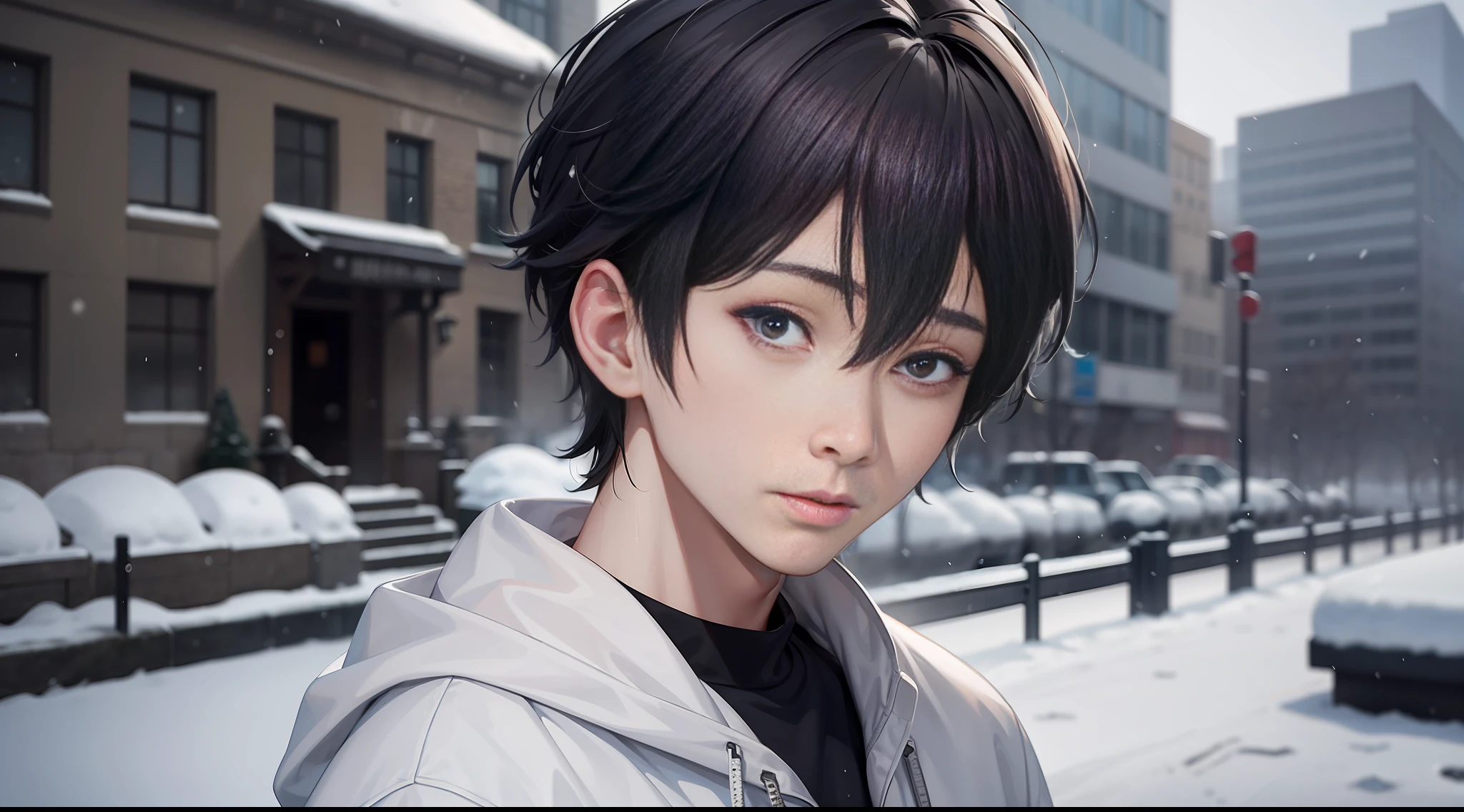 A man in a sweatshirt, standing in the snow, with a straight face, close-up, inspired by Cai Xukun, Shin Jinying, Cheng Yanjun, Ruan Jian, Bian Luan, Jia Ruian