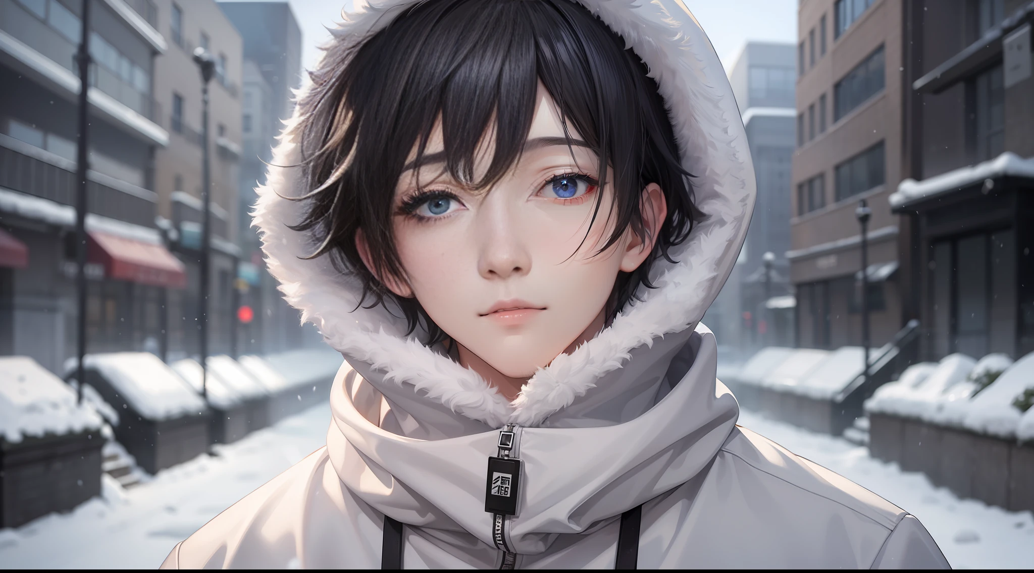 A man in a sweatshirt, standing in the snow, with a straight face, close-up, inspired by Cai Xukun, Shin Jinying, Cheng Yanjun, Ruan Jian, Bian Luan, Jia Ruian