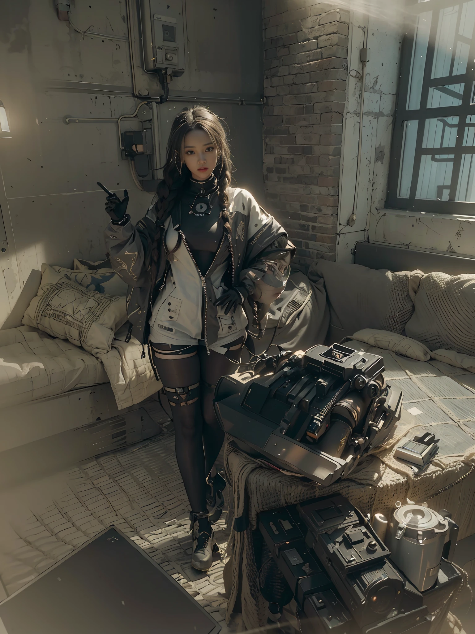 ((Best quality)), ((masterpiece)), (detailed:1.4), 3D, an image of a beautiful cyberpunk black female with braids on head,HDR (High Dynamic Range),Ray Tracing,NVIDIA RTX,Super-Resolution,Unreal 5,Subsurface scattering,PBR Texturing,Post-processing,Anisotropic Filtering,Depth-of-field,Maximum clarity and sharpness,Multi-layered textures,Albedo and Specular maps,Surface shading,Accurate simulation of light-material interaction,Perfect proportions,Octane Render,Two-tone lighting,Wide aperture,Low ISO,White balance,Rule of thirds,8K RAW, anime - style woman in a white and black outfit with a gun, cyborg merchant girl,
