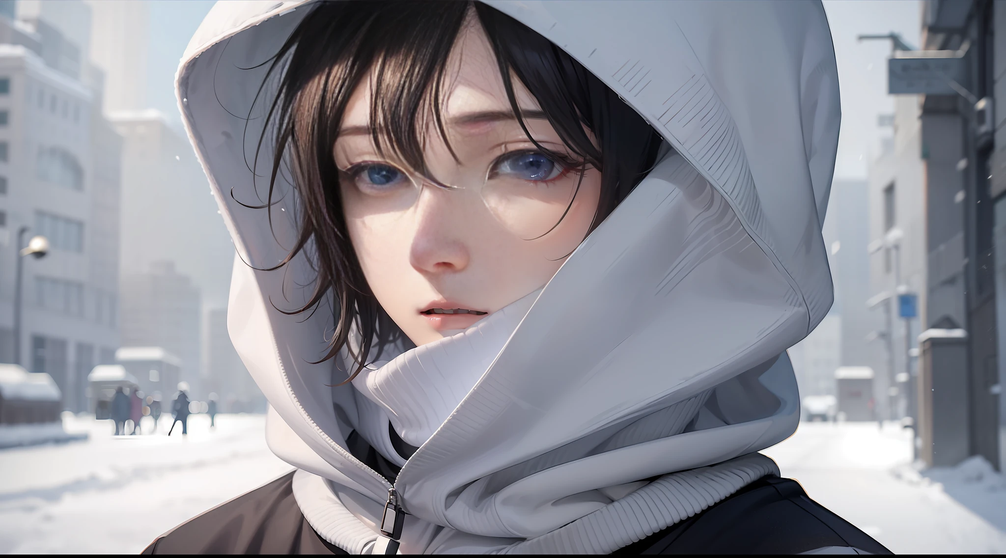 A man in a sweatshirt, standing in the snow, with a straight face, close-up, inspired by Cai Xukun, Shin Jinying, Cheng Yanjun, Ruan Jian, Bian Luan, Jia Ruian