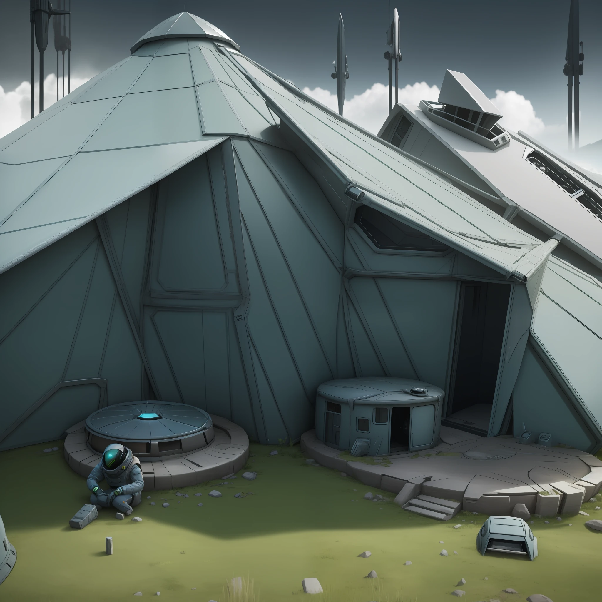 alien inspired starting camp hut, futuristic, space age, crashed survivors